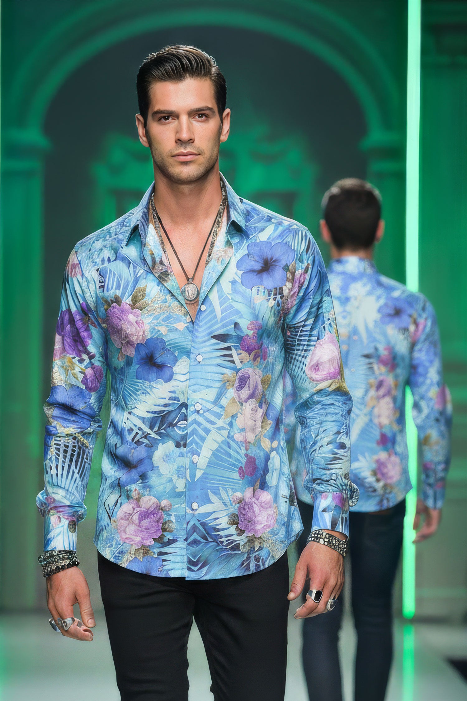 Barabas Men's Floral Print Design Luxury Button Down Shirt SP14 Blue