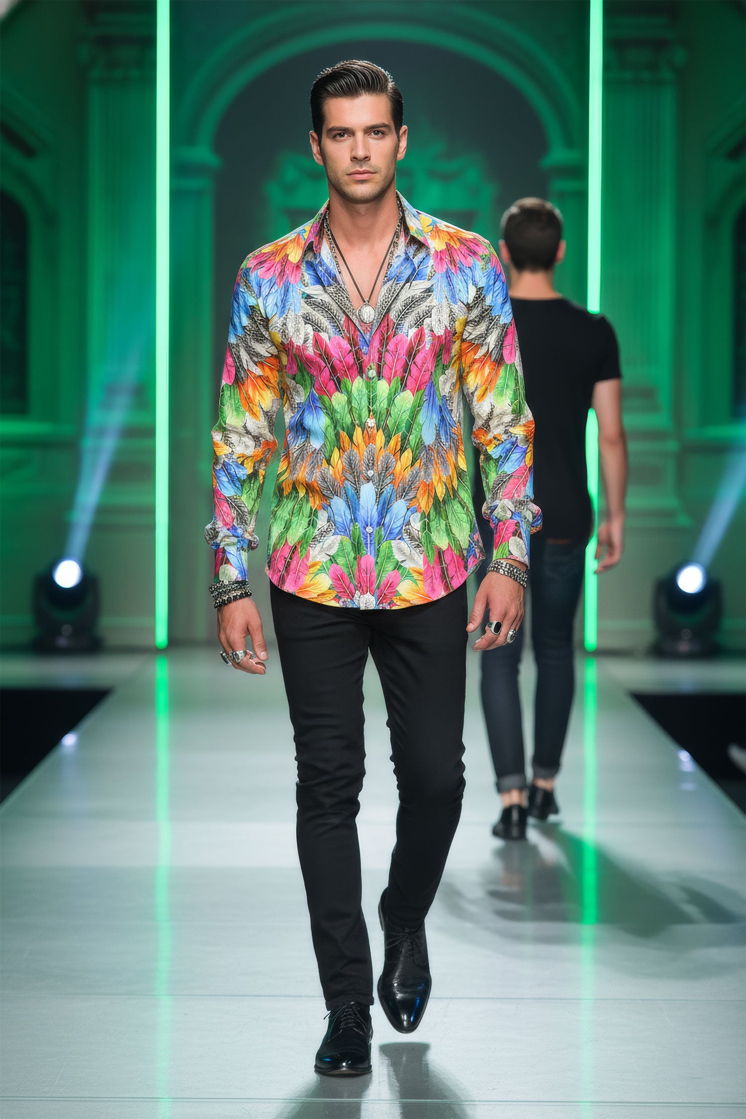 Barabas Men's Feather Printed Design Luxury Long Sleeves Shirts SP15