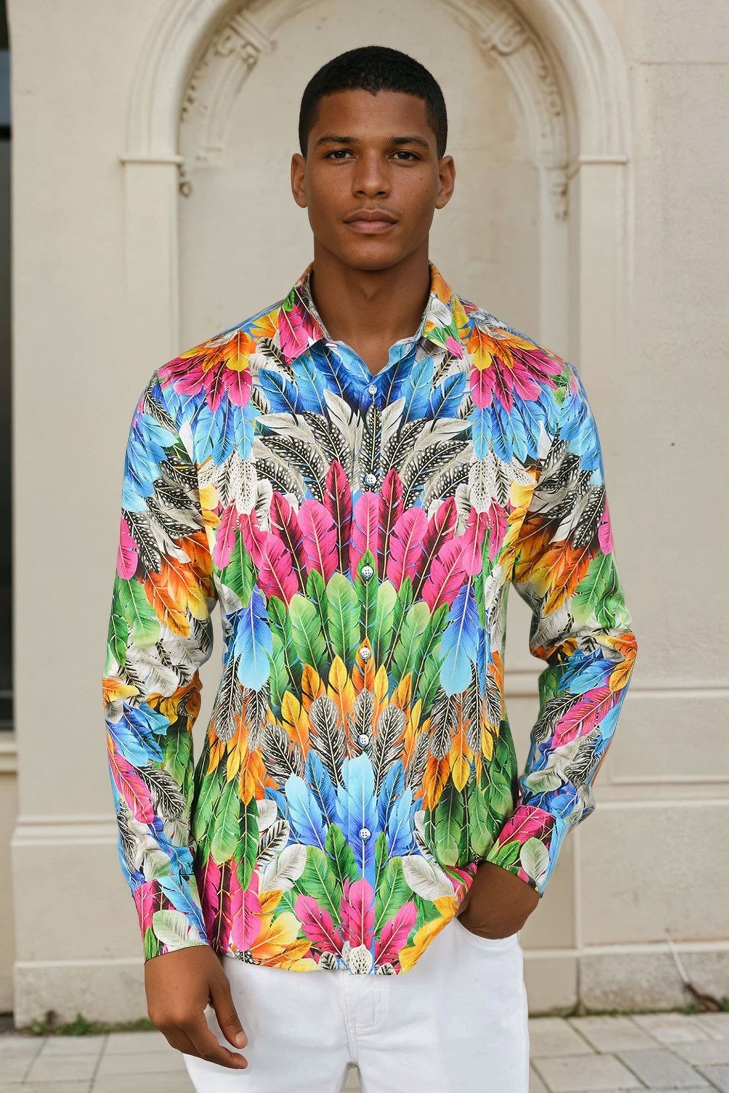 Barabas Men's Feather Printed Design Luxury Long Sleeves Shirts SP15