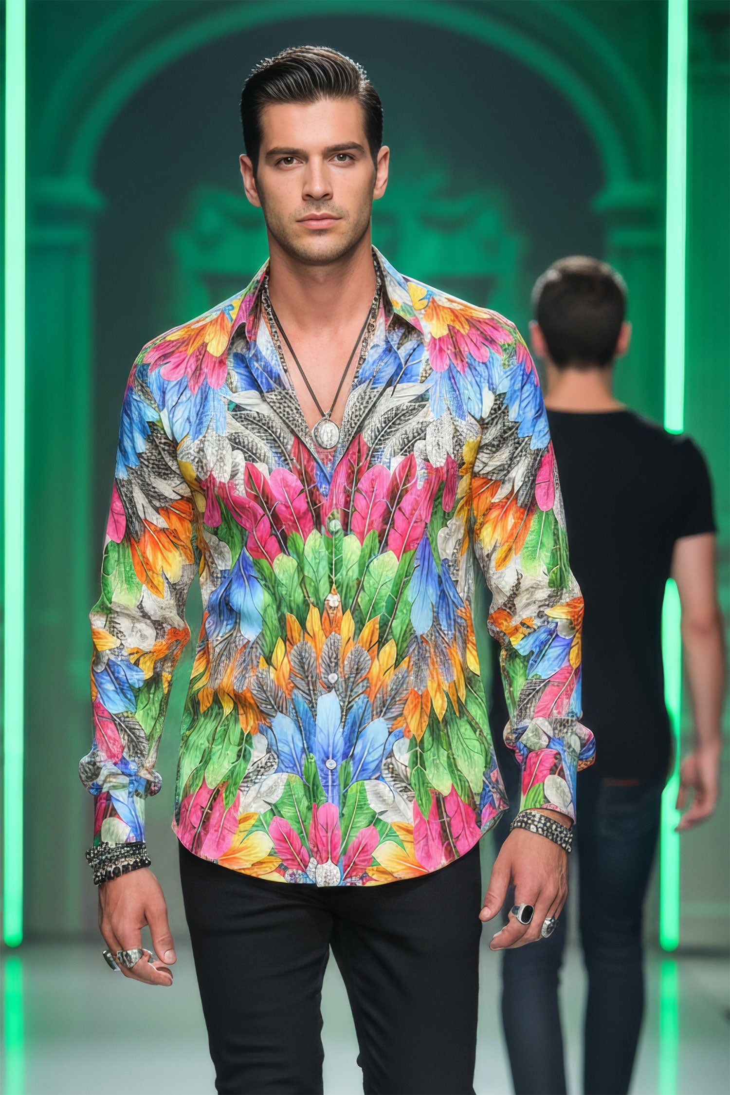 Barabas Men's Feather Printed Design Luxury Long Sleeves Shirts SP15