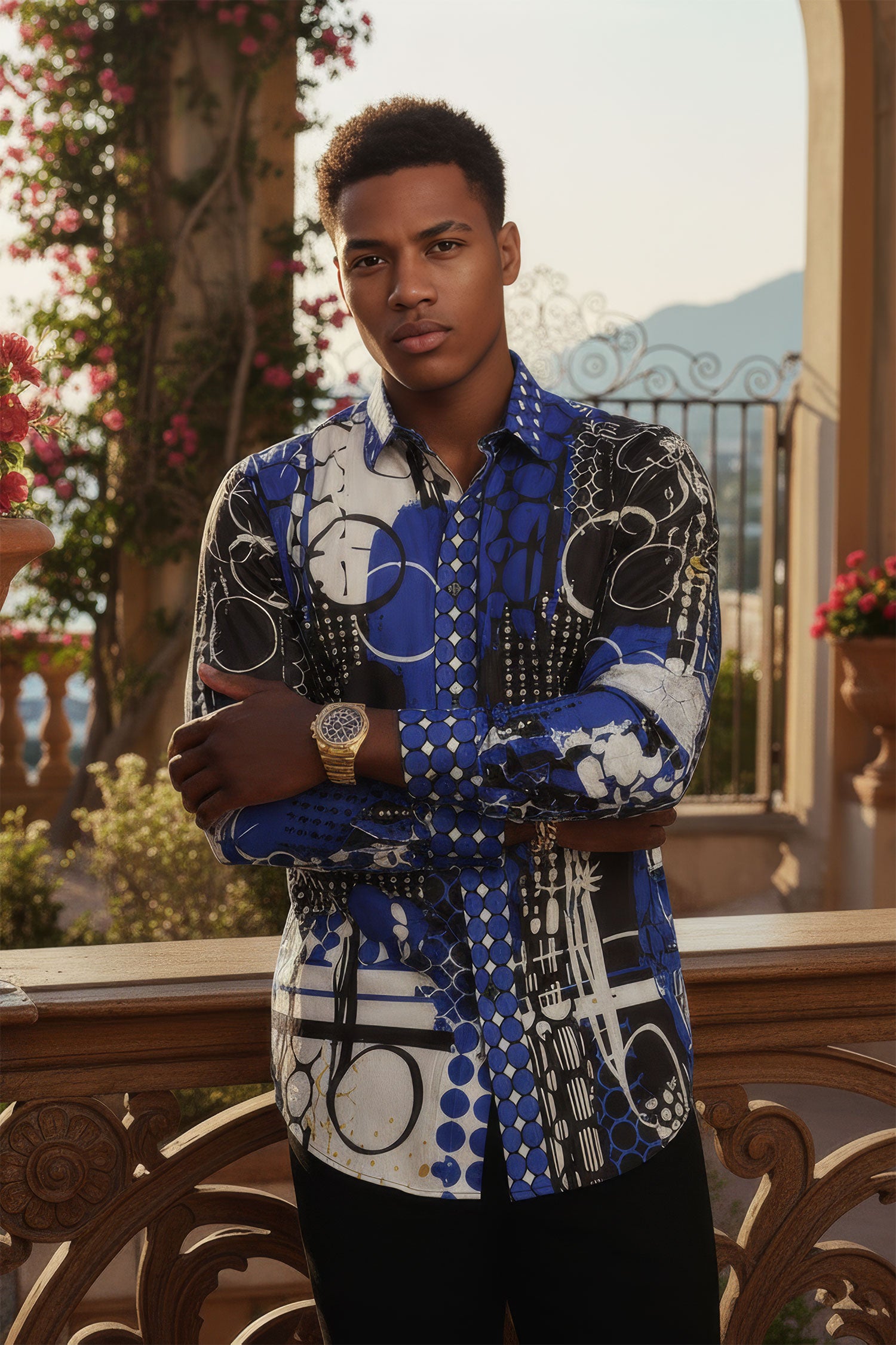 Barabas Men's Oval Geo Prints Design Luxury Button Down Shirt SP17 Blue white