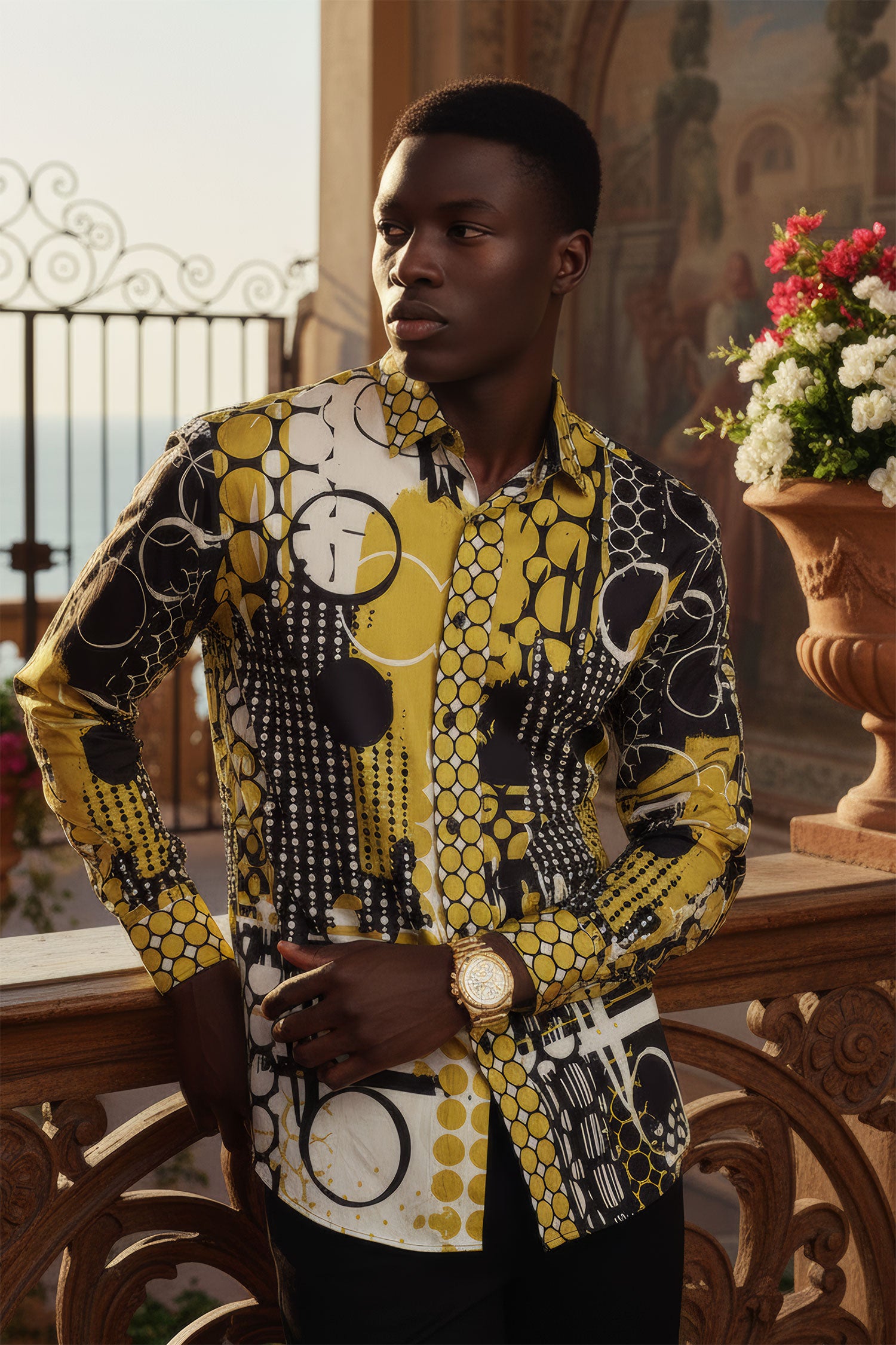 Barabas Men's Oval Geo Prints Design Luxury Button Down Shirt SP17 Gold