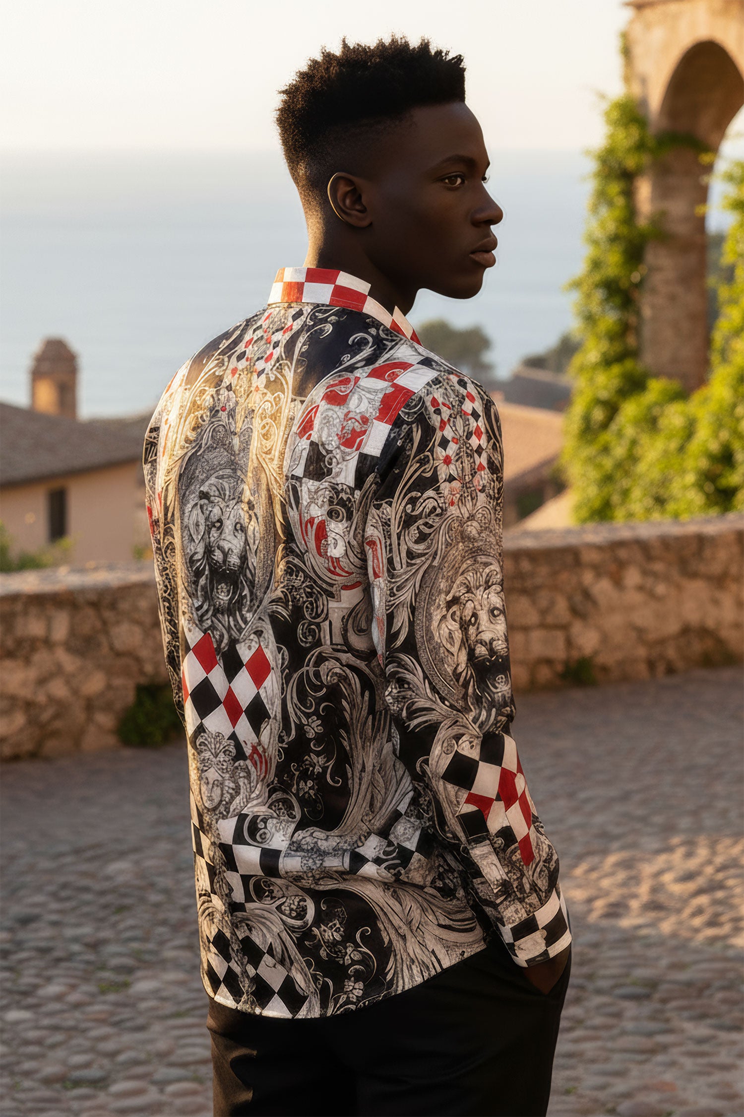 BARABAS Men's Medusa Checkered Lion Baroque Button Down Shirt SP20 Black Red