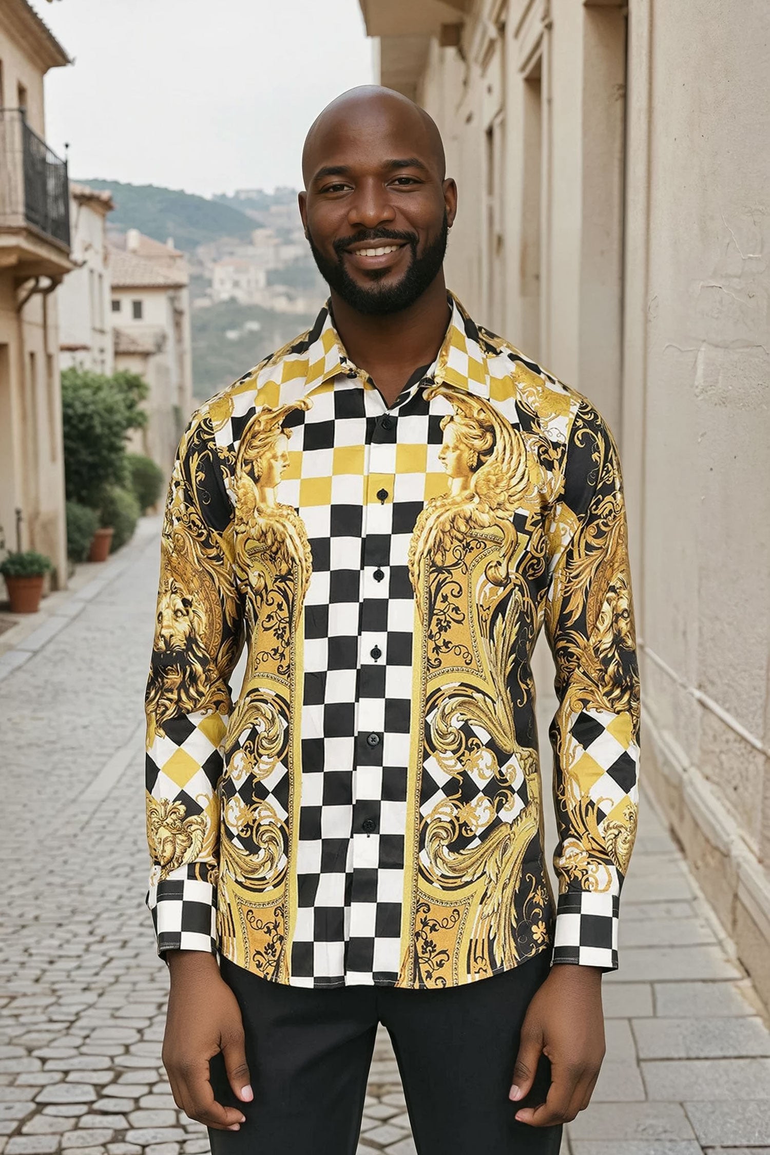 BARABAS Men's Medusa Checkered Lion Baroque Button Down Shirt SP20 Gold