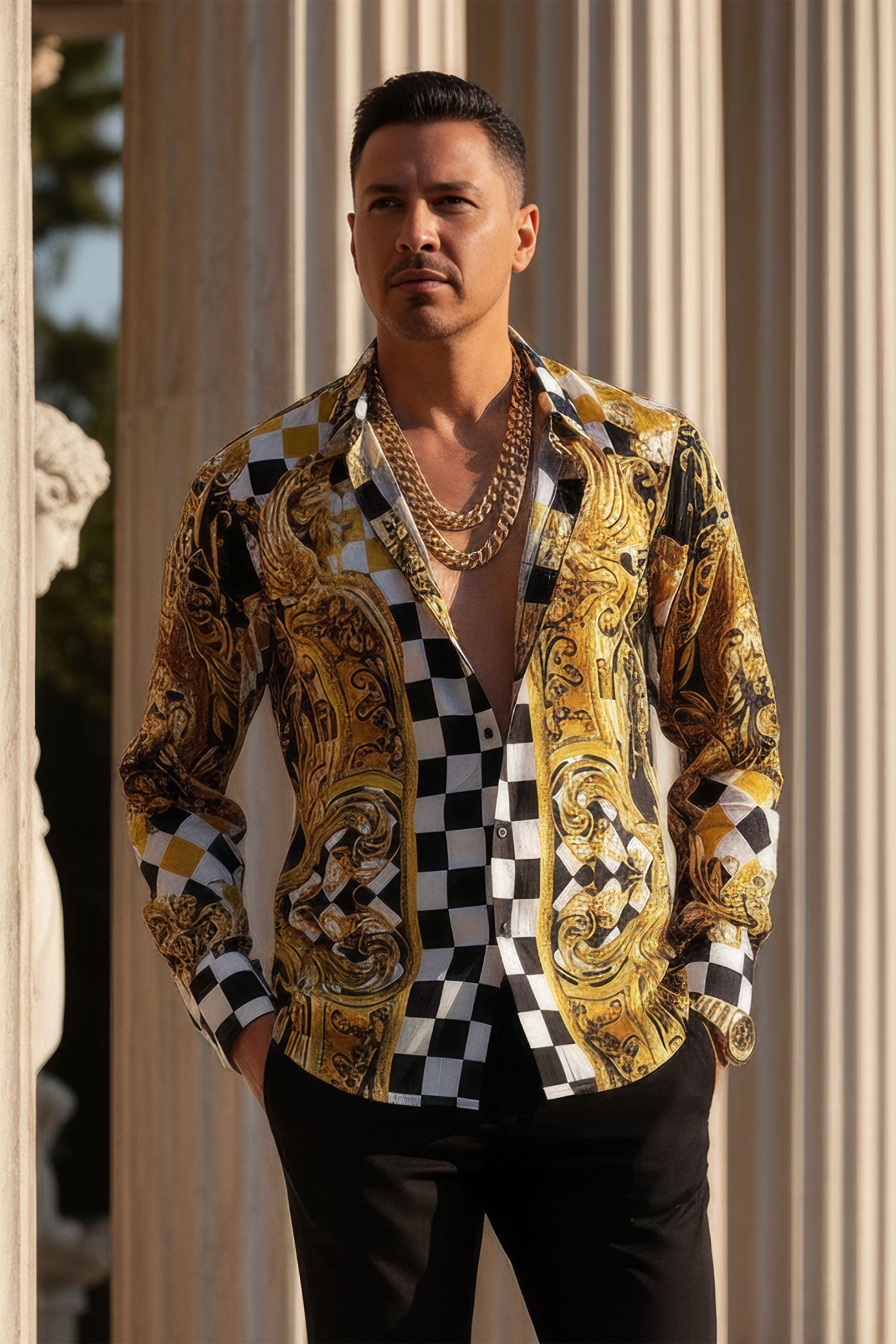 BARABAS Men's Medusa Checkered Lion Baroque Button Down Shirt SP20 Gold