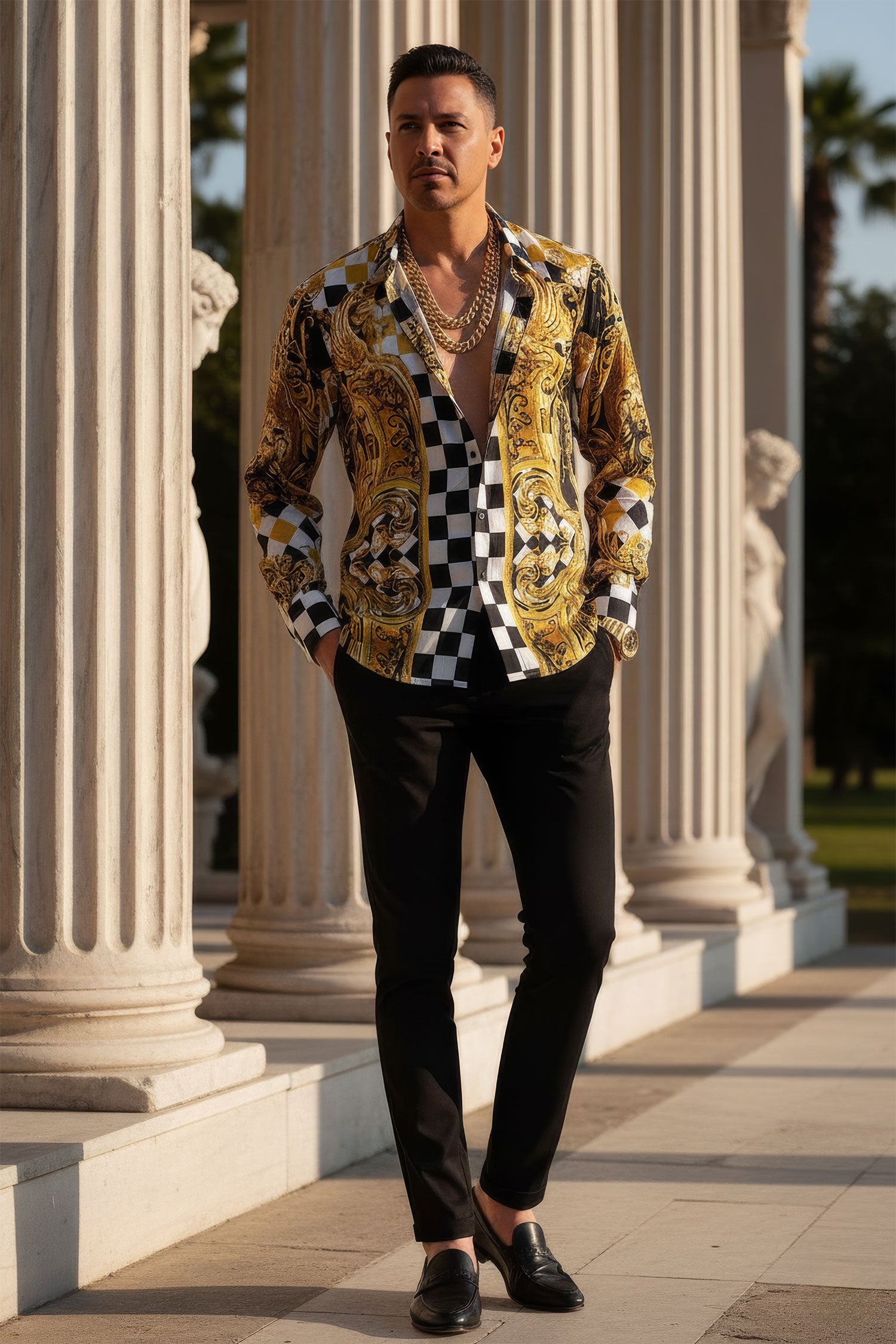 BARABAS Men's Medusa Checkered Lion Baroque Button Down Shirt SP20 Gold