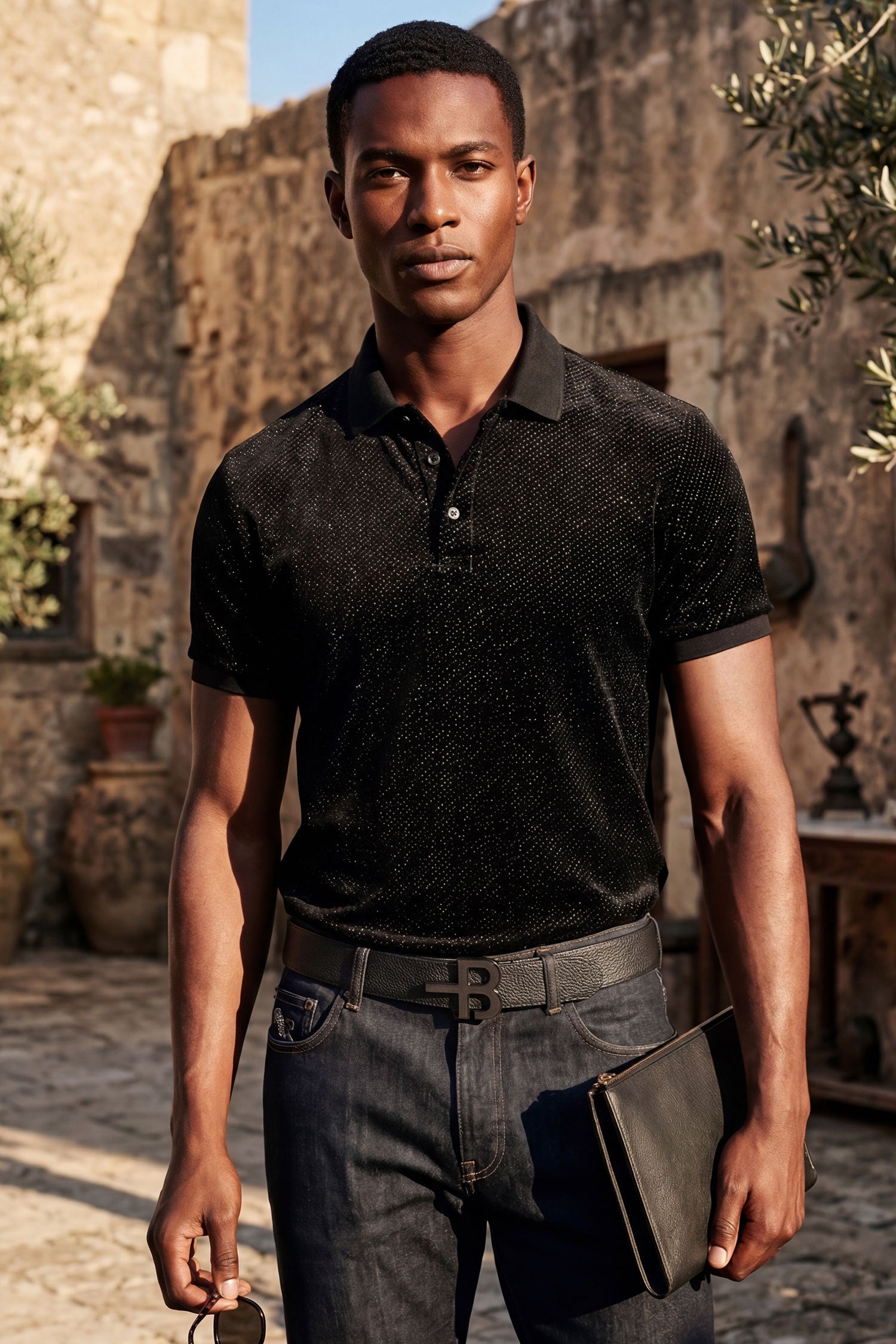 Barabas Men's Textured Shiny Solid Color Polo Shirts SP702 Black