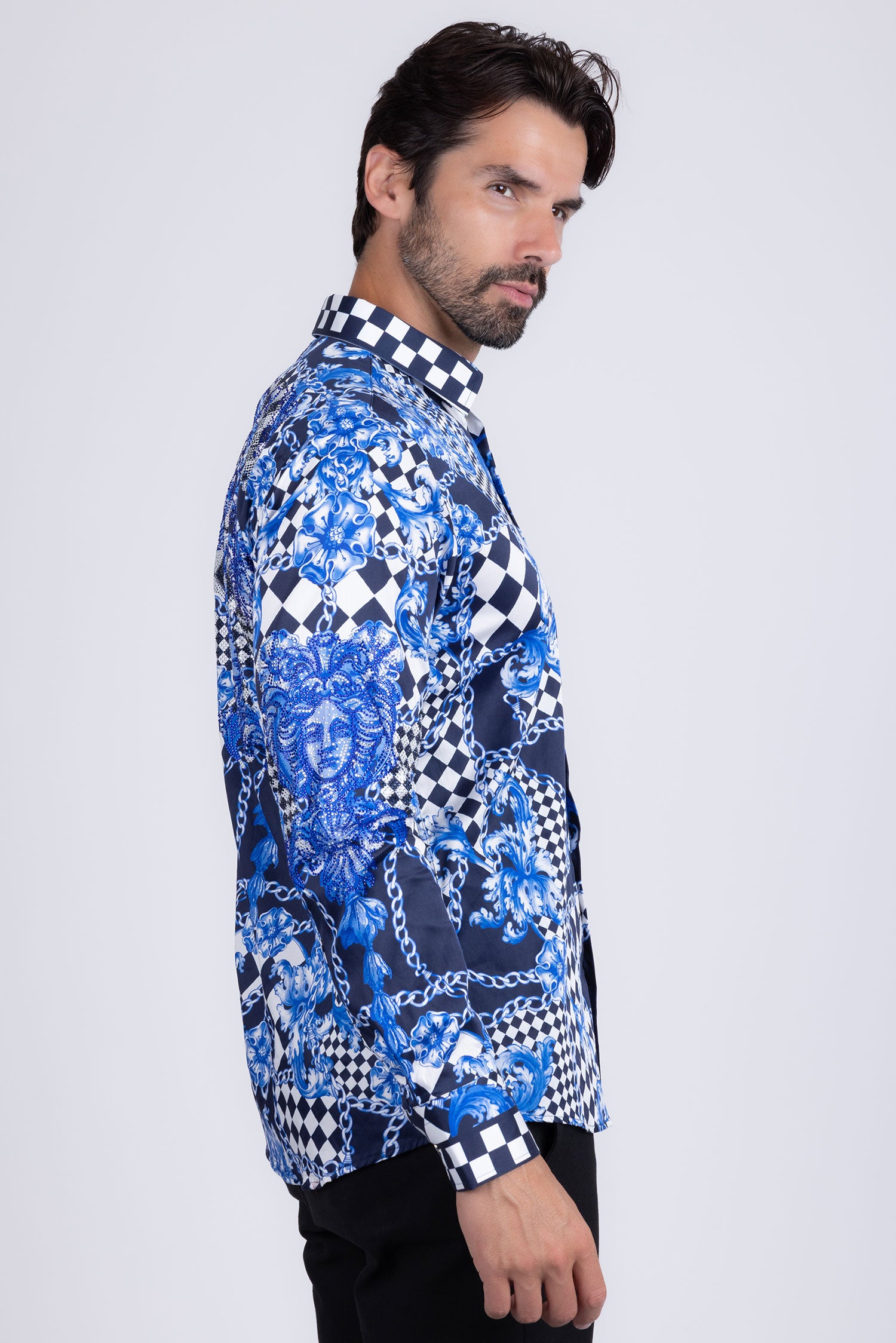 BARABAS Men's Medusa Floral Checkered Baroque Button Down Shirt SPR02 Blue