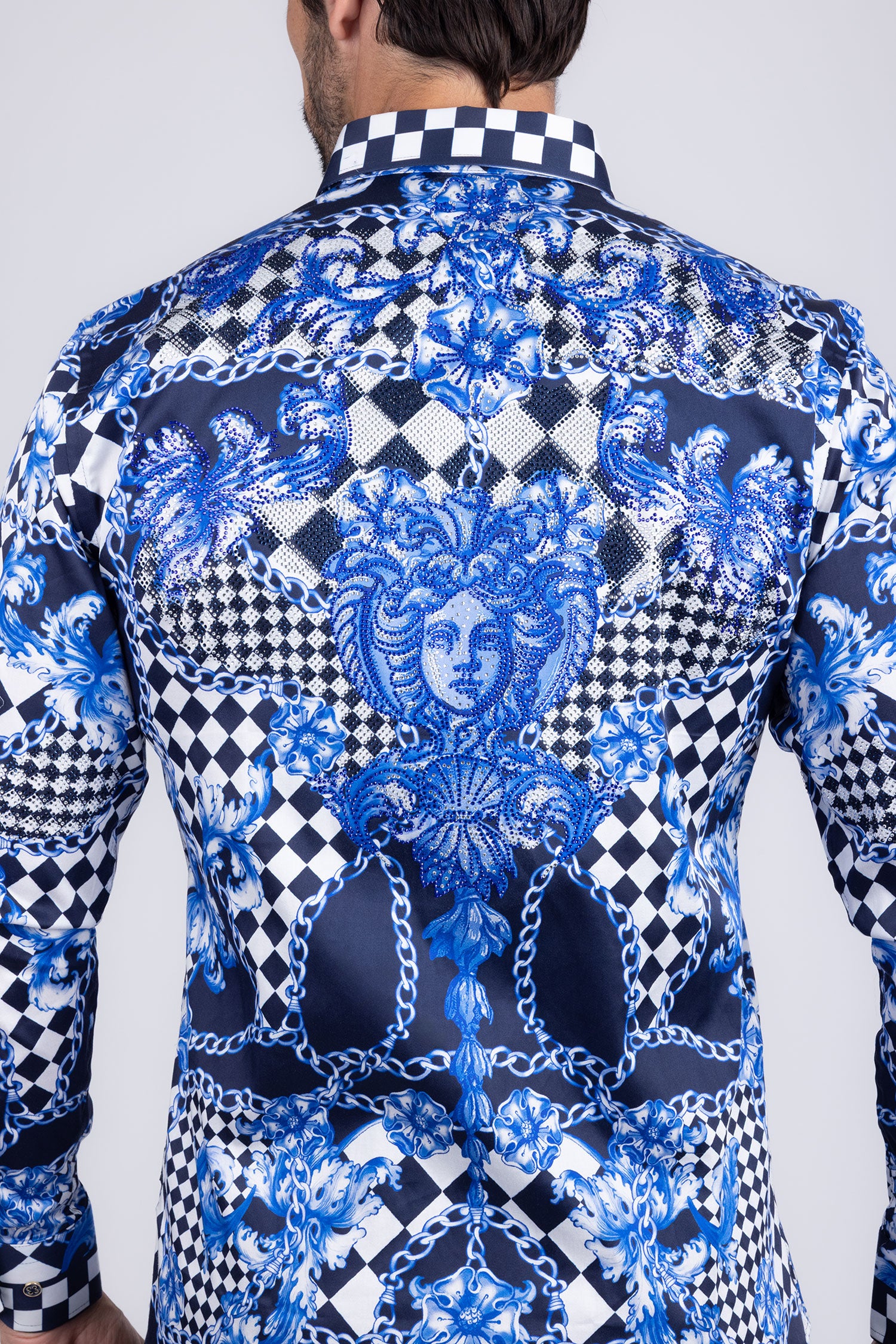 BARABAS Men's Medusa Floral Checkered Baroque Button Down Shirt SPR02 Blue