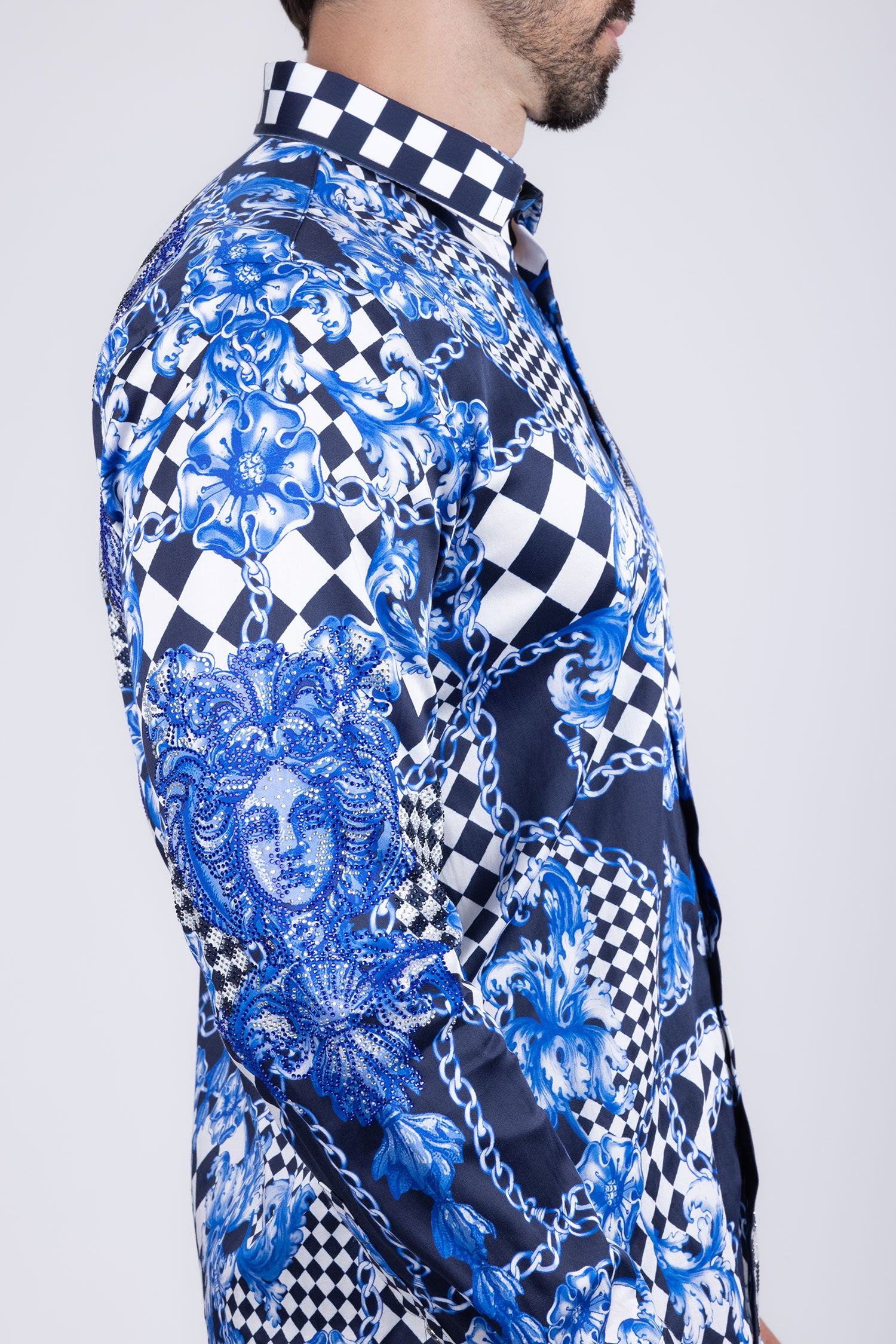 BARABAS Men's Medusa Floral Checkered Baroque Button Down Shirt SPR02 Blue