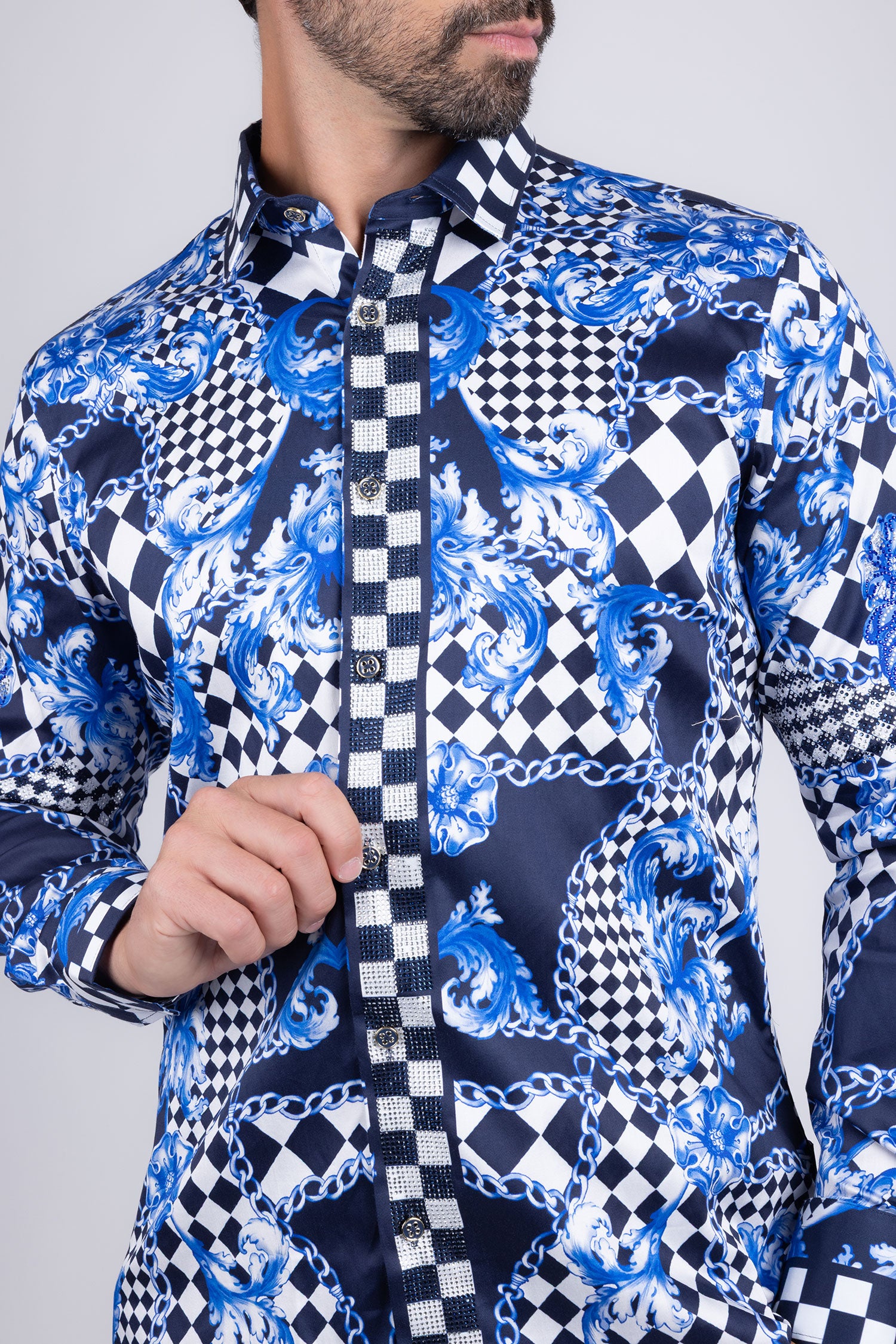 BARABAS Men's Medusa Floral Checkered Baroque Button Down Shirt SPR02 Blue