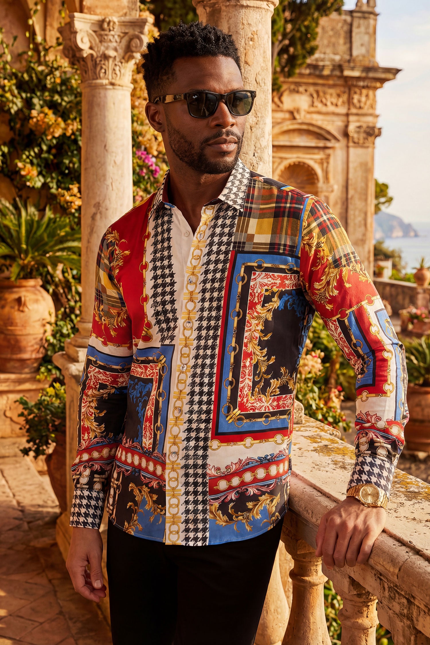 Barabas Men Gold Chain Floral Checkered Print Luxury Dress Shirt SPR06 Multi