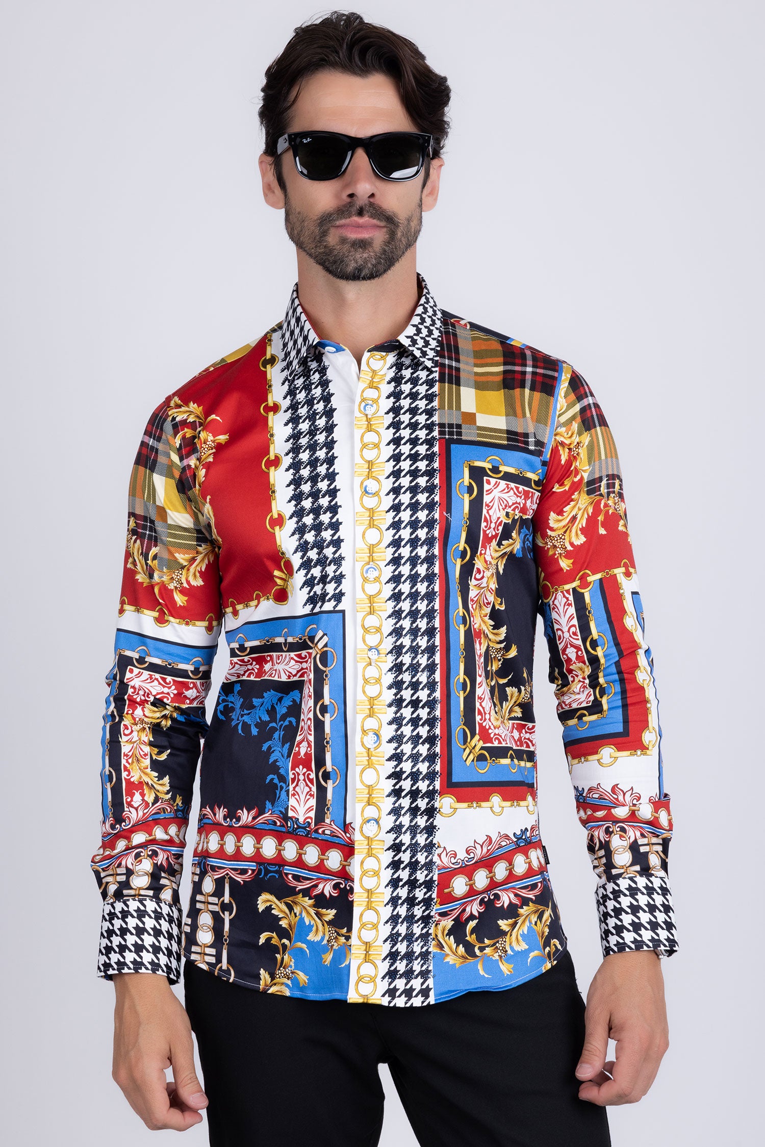 Barabas Men Gold Chain Floral Checkered Print Luxury Dress Shirt SPR06 Multi