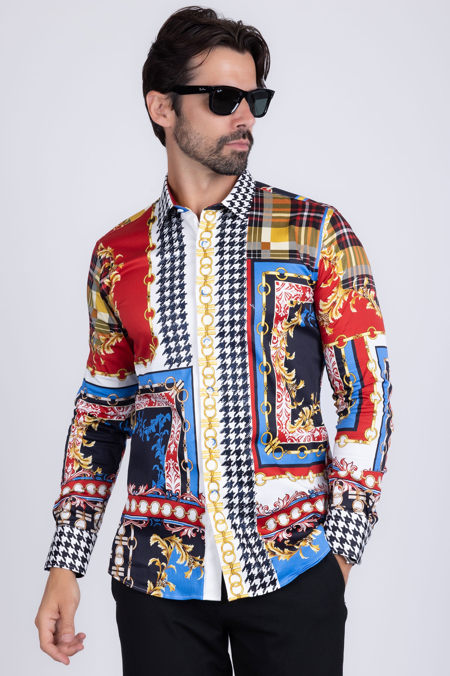 Barabas Men Gold Chain Floral Checkered Print Luxury Dress Shirt SPR06 Multi