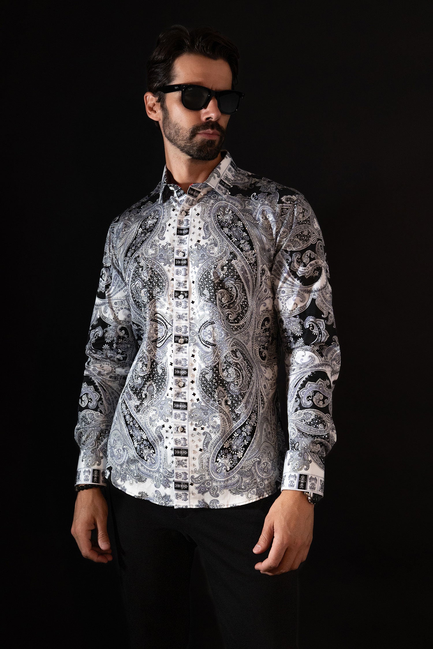 Barabas Men's Paisley rhinestone Printed Button Down Dress Shirt SPR10 Black
