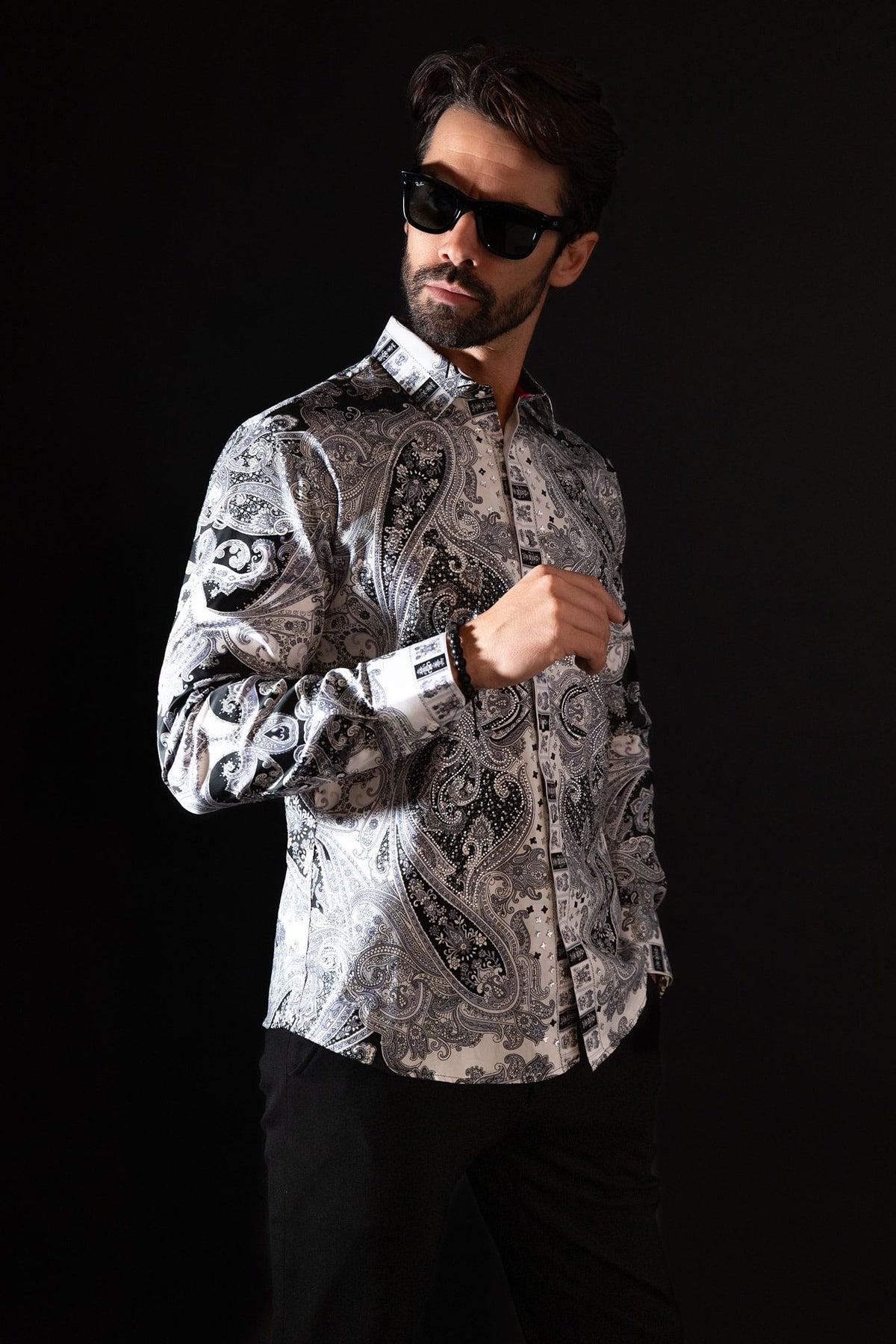 Barabas Men's Paisley rhinestone Printed Button Down Dress Shirt SPR10 Black
