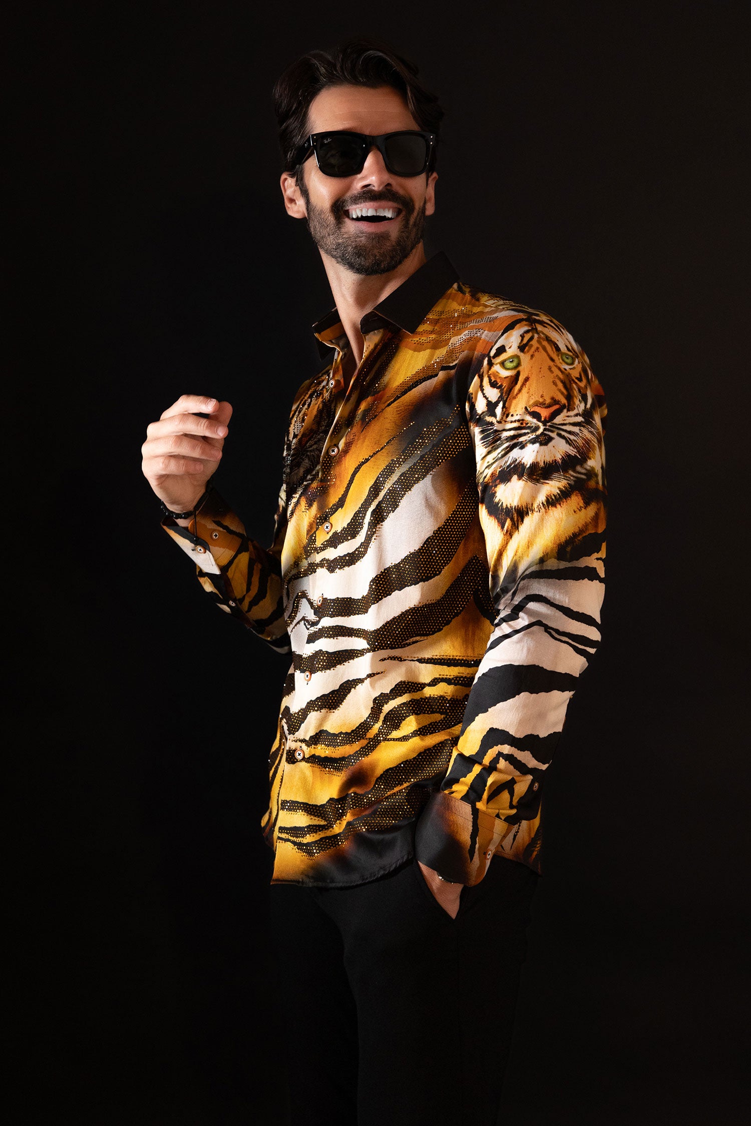 Barabas Men's Rhinestone Tiger Scratch Prints Long Sleeve Shirt SPR11 Orange