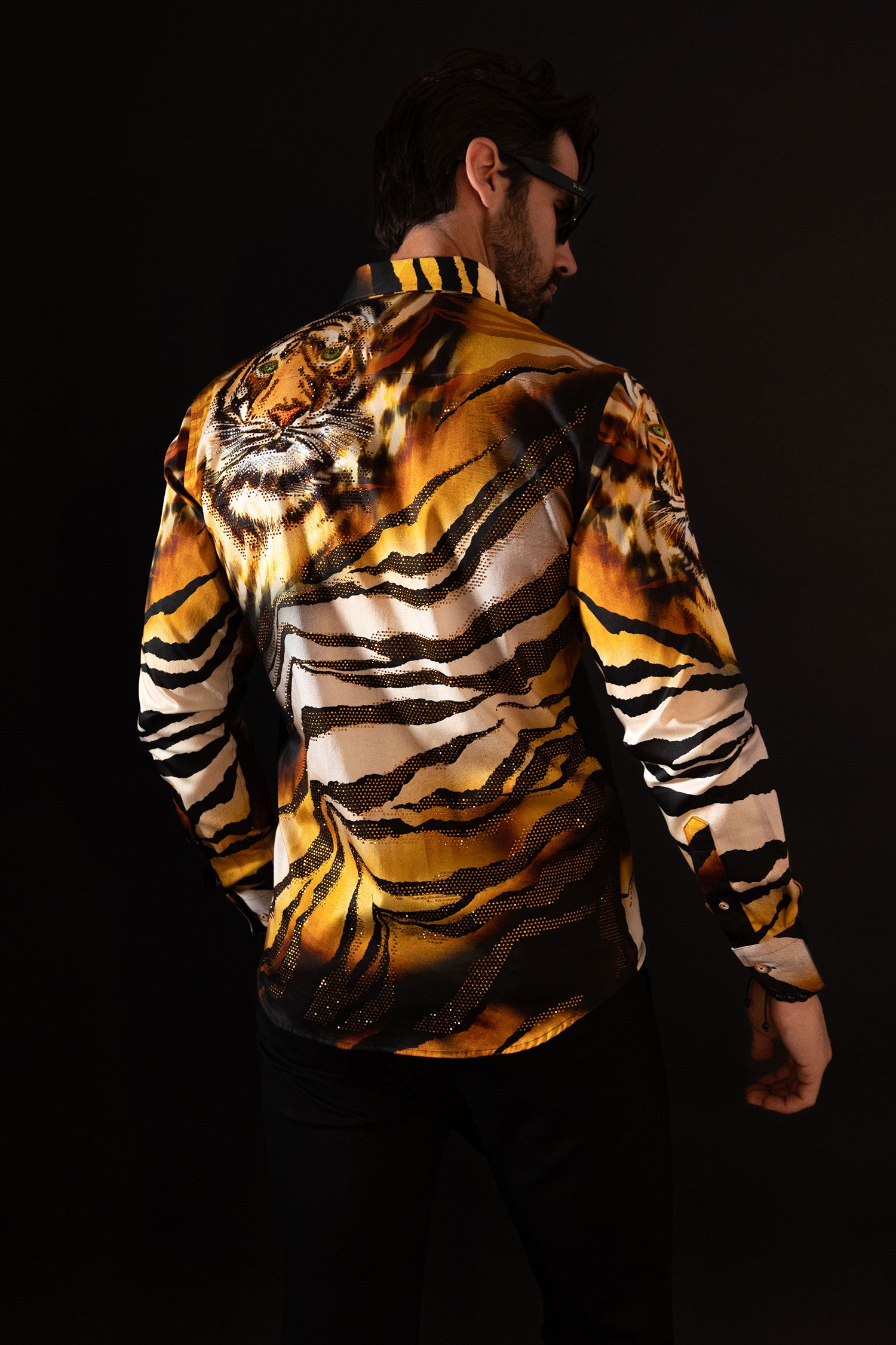 Barabas Men's Rhinestone Tiger Scratch Prints Long Sleeve Shirt SPR11 Orange