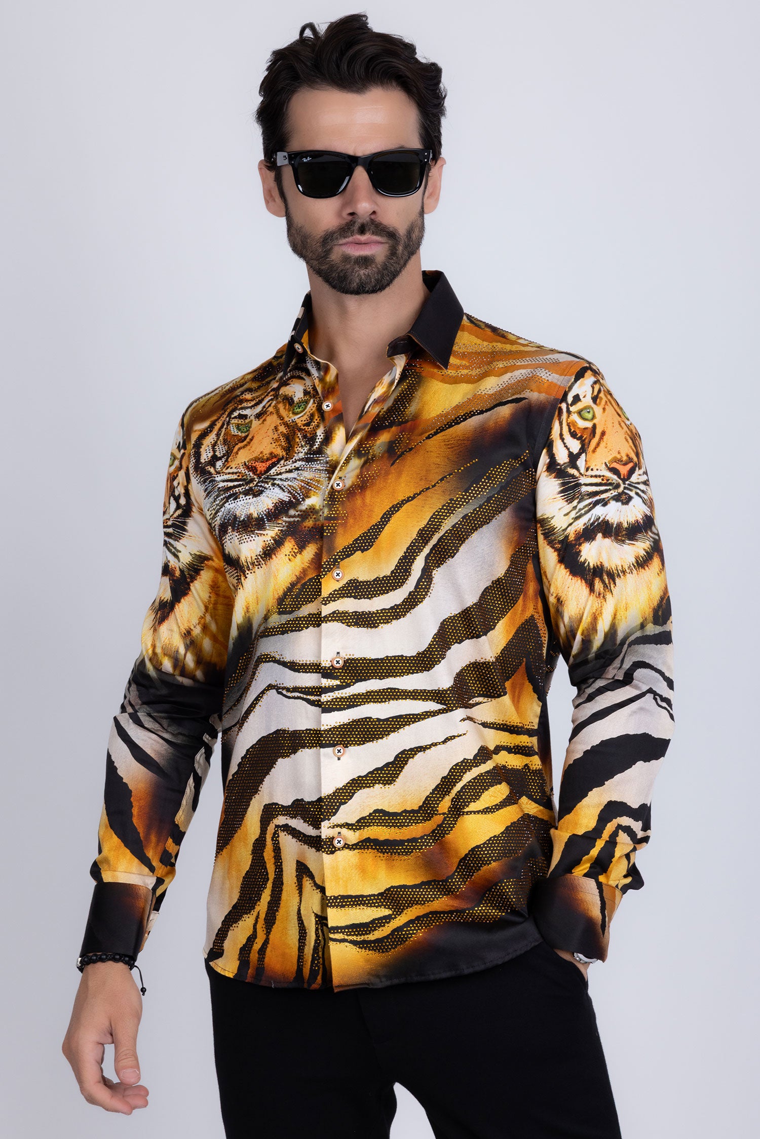 Barabas Men's Rhinestone Tiger Scratch Prints Long Sleeve Shirt SPR11 Orange