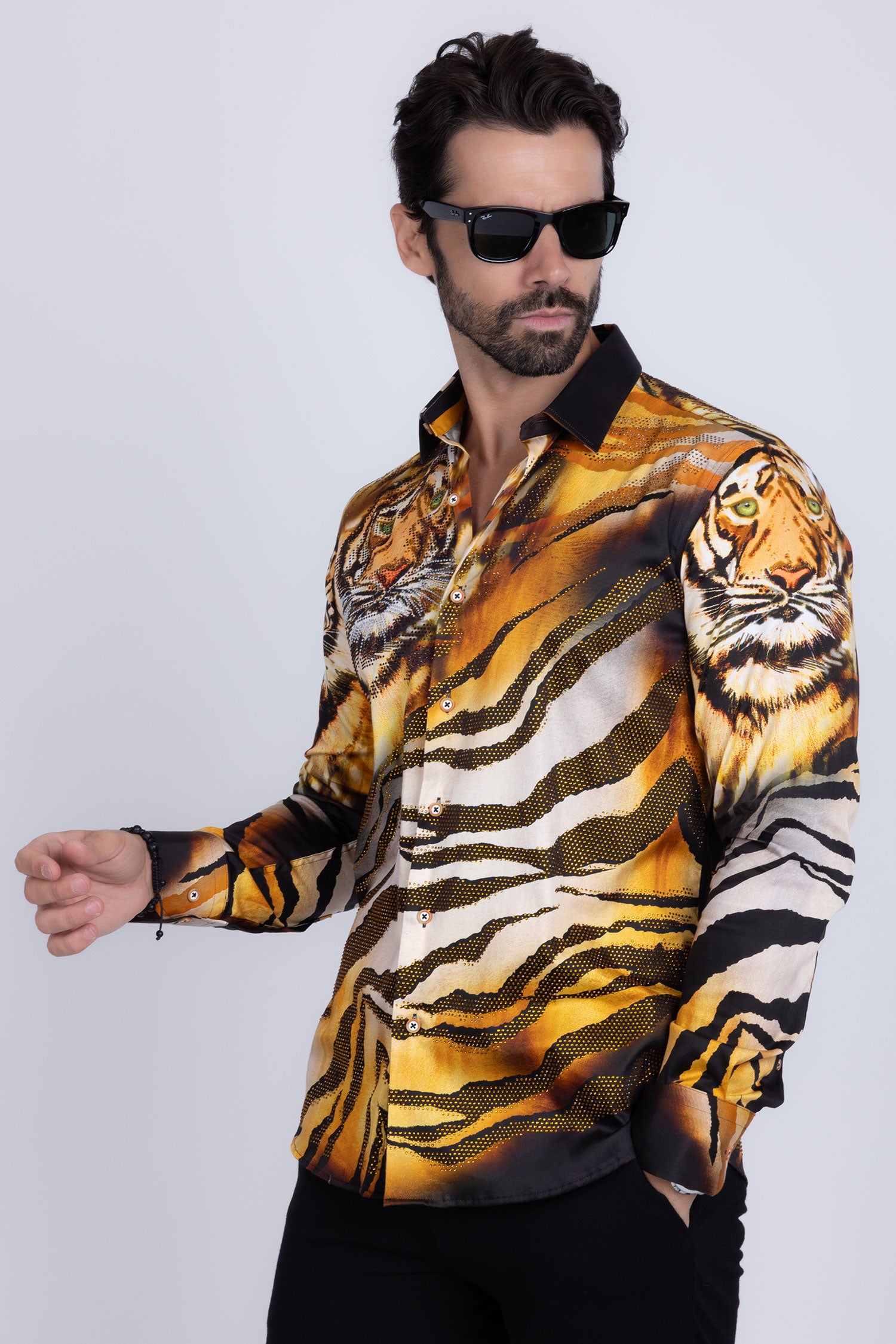 Barabas Men's Rhinestone Tiger Scratch Prints Long Sleeve Shirt SPR11 Orange