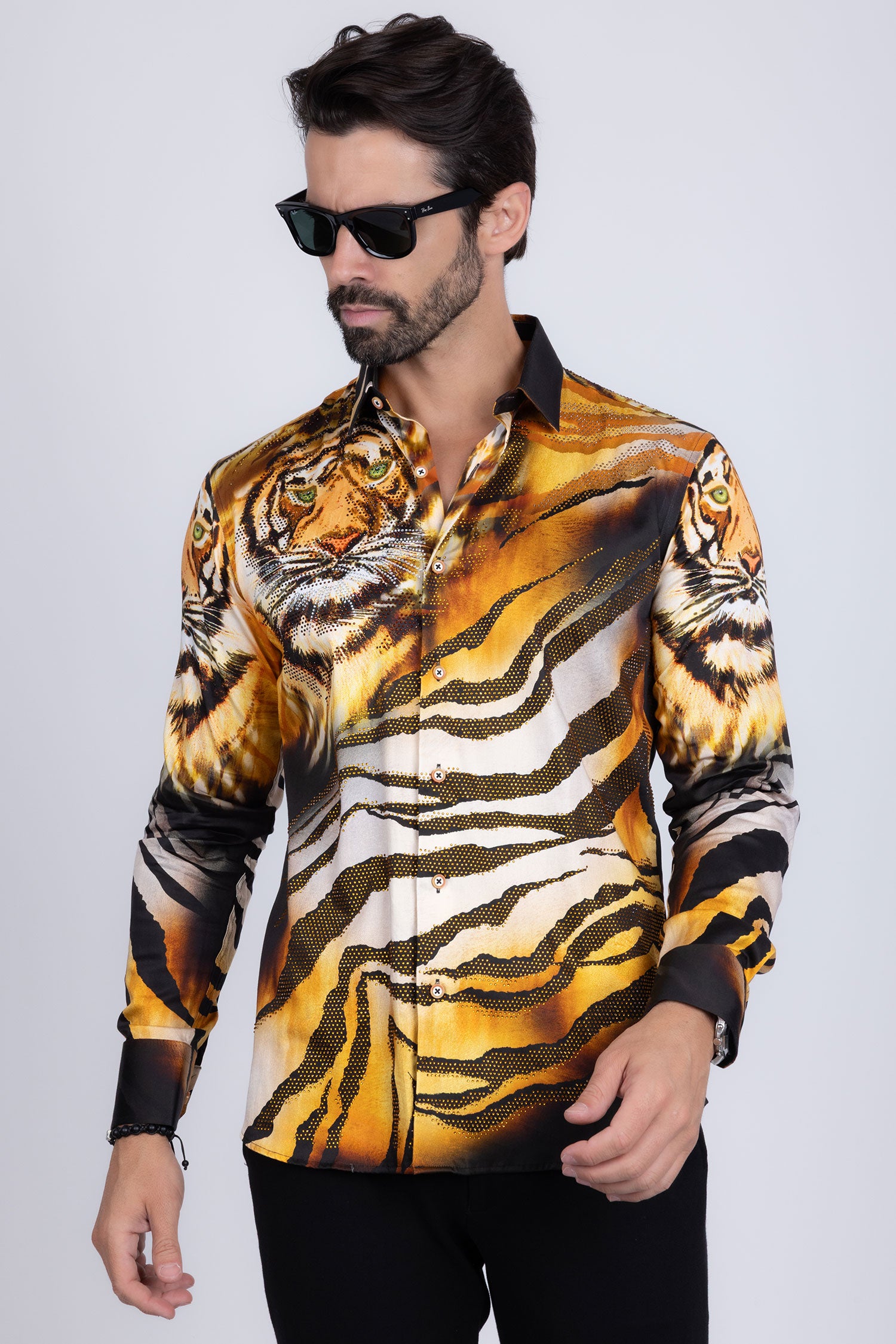 Barabas Men's Rhinestone Tiger Scratch Prints Long Sleeve Shirt SPR11 Orange