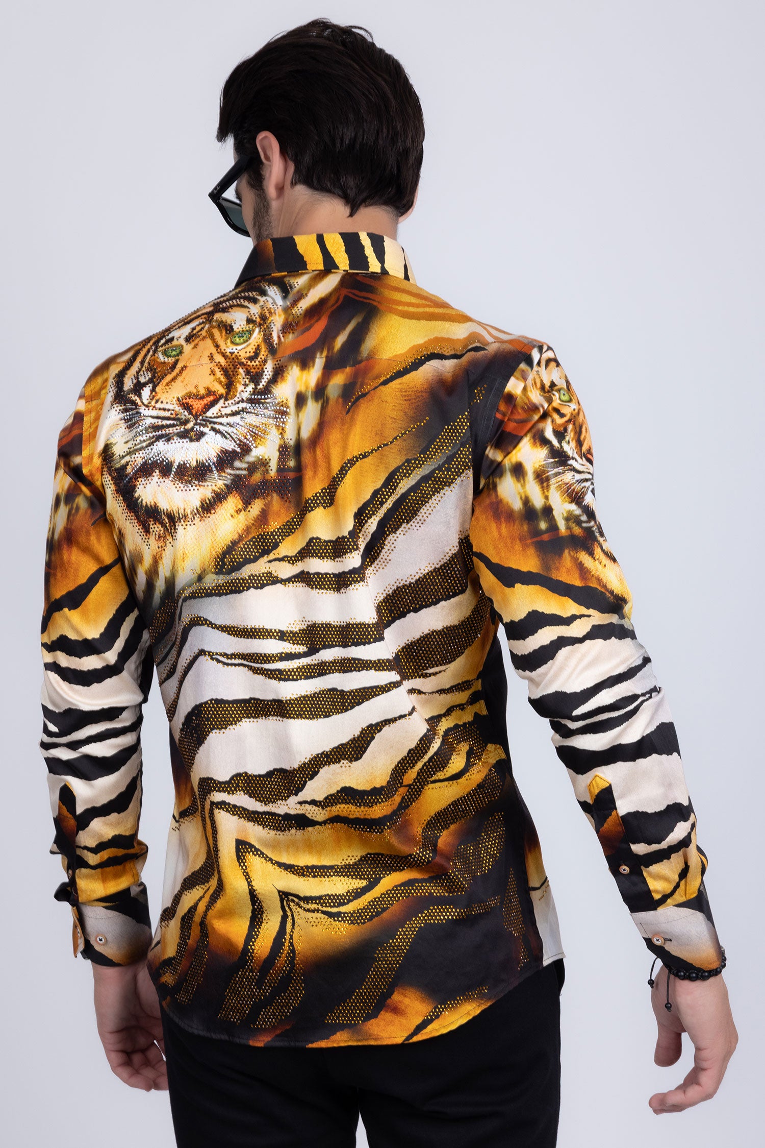 Barabas Men's Rhinestone Tiger Scratch Prints Long Sleeve Shirt SPR11 Orange