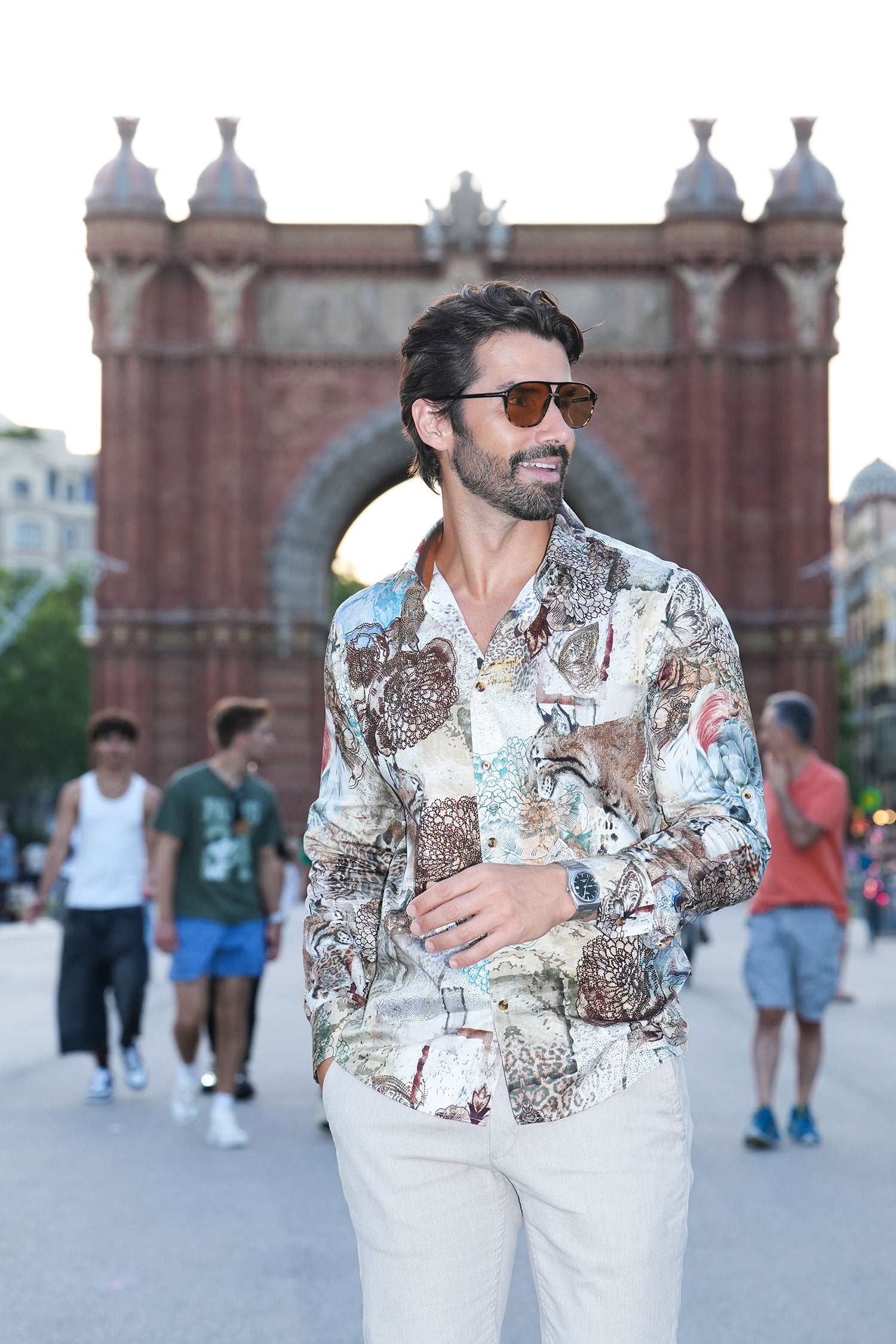 Barabas Men's Rhinestone Cockatoo Lynx Prints Long Sleeve Shirt SPR16 Stone
