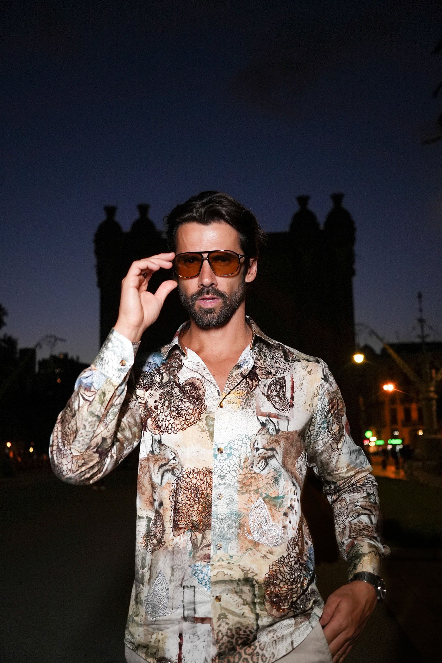 Barabas Men's Rhinestone Cockatoo Lynx Prints Long Sleeve Shirt SPR16 Stone