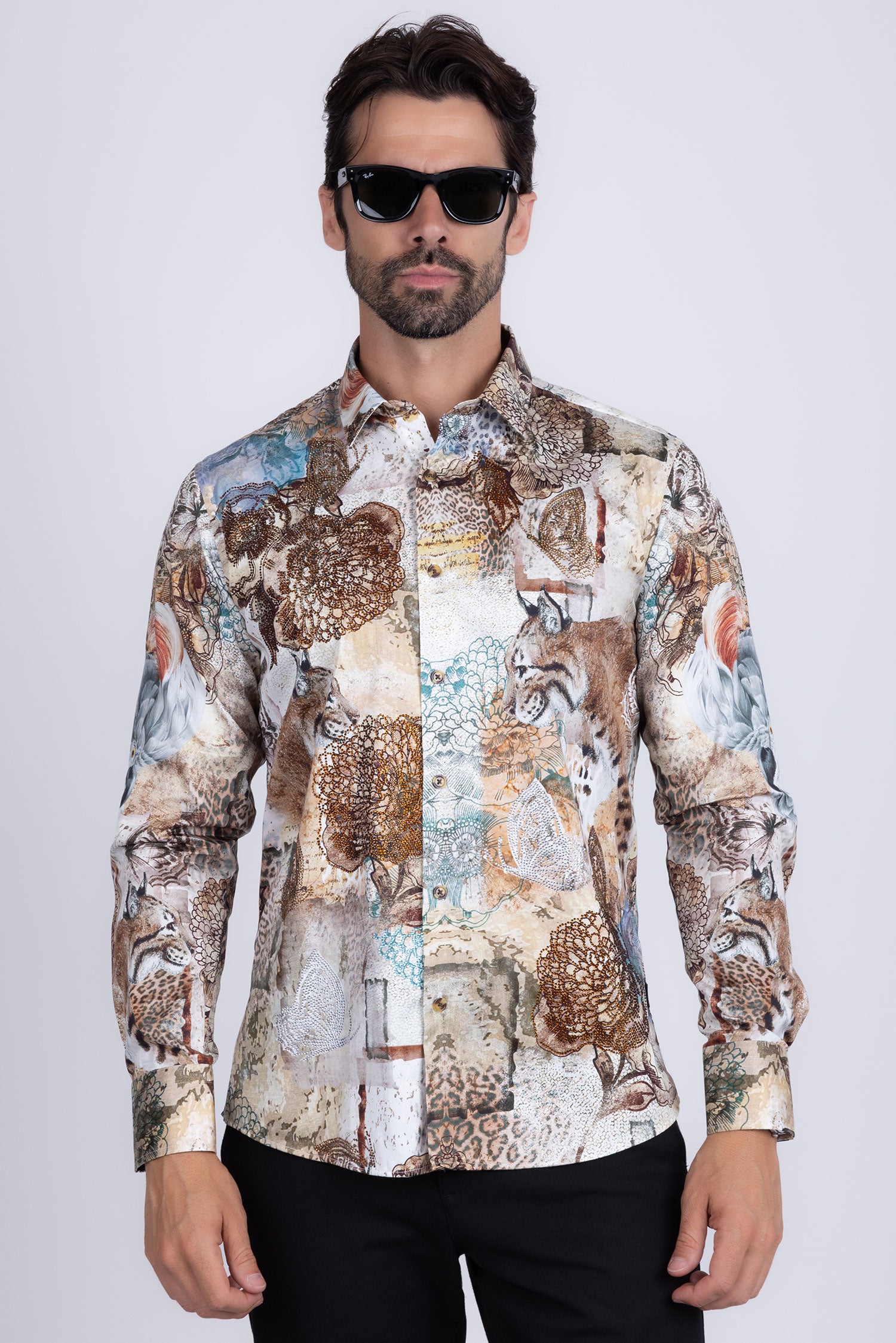 Barabas Men's Rhinestone Cockatoo Lynx Prints Long Sleeve Shirt SPR16 Brown