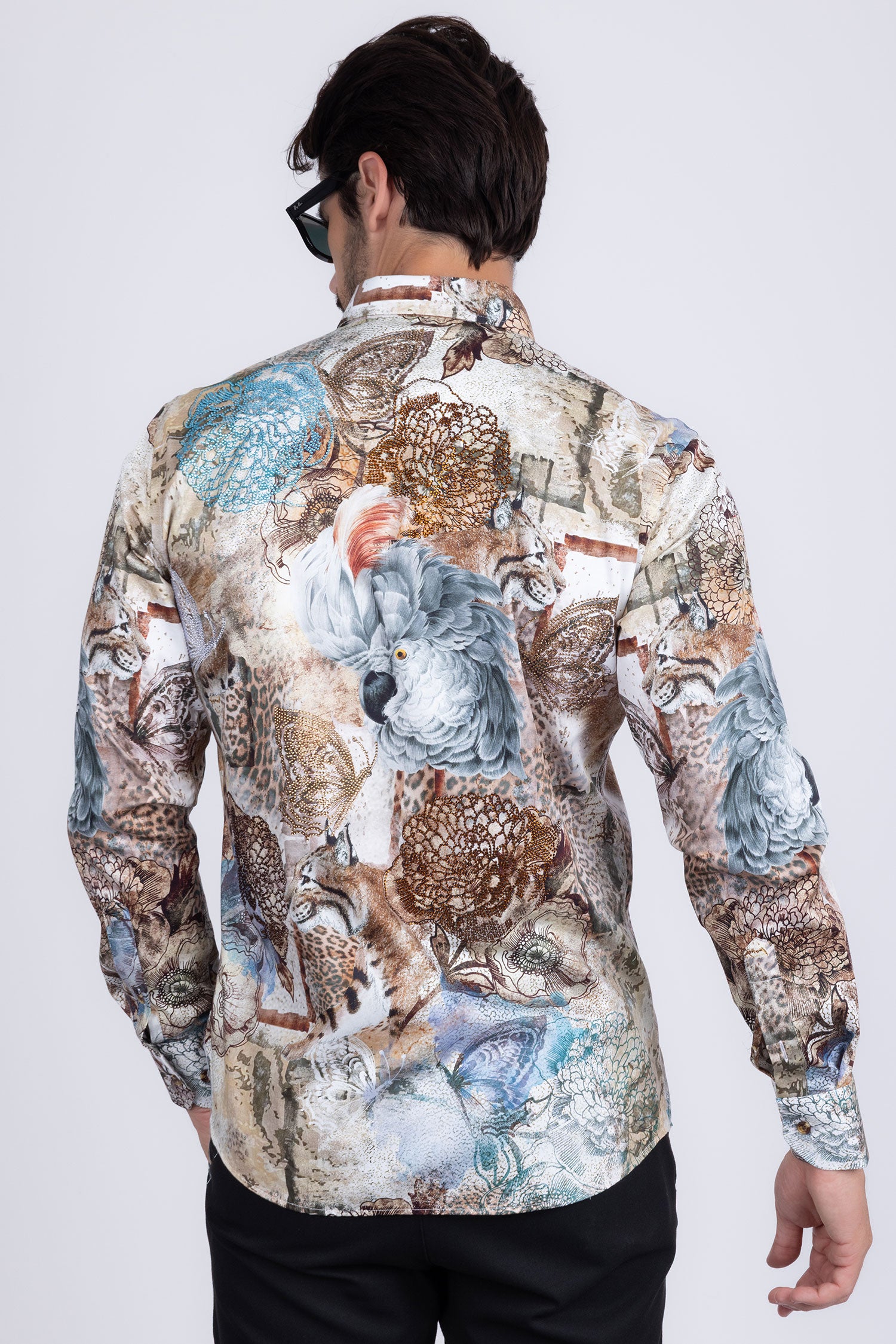 Barabas Men's Rhinestone Cockatoo Lynx Prints Long Sleeve Shirt SPR16 Stone