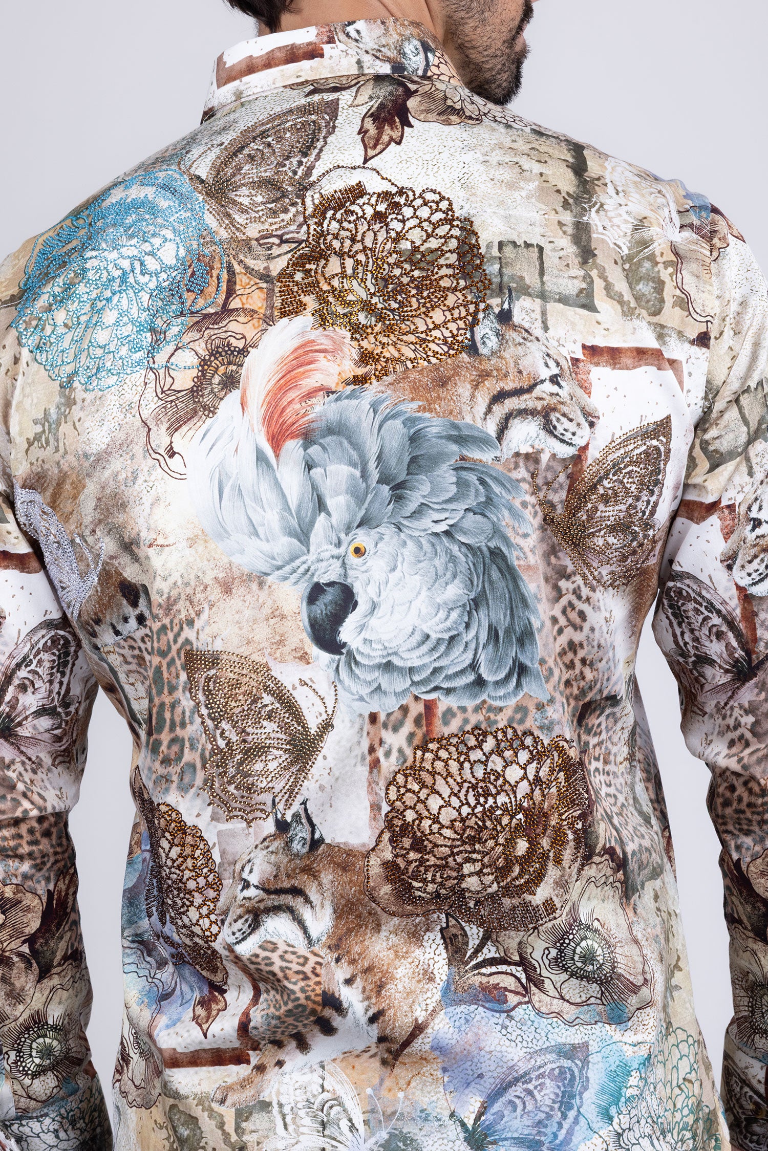 Barabas Men's Rhinestone Cockatoo Lynx Prints Long Sleeve Shirt SPR16 Brown