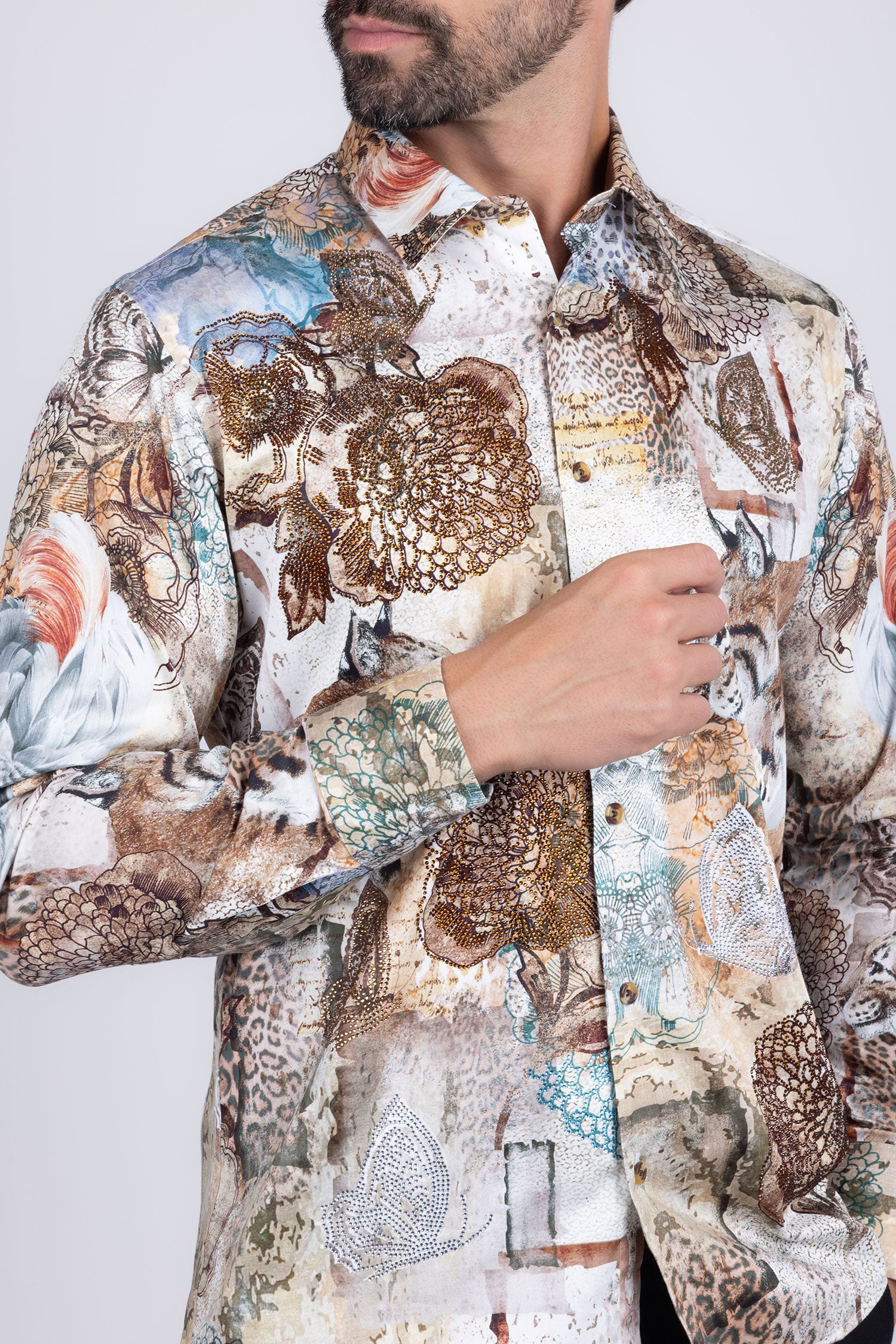 Barabas Men's Rhinestone Cockatoo Lynx Prints Long Sleeve Shirt SPR16 Brown