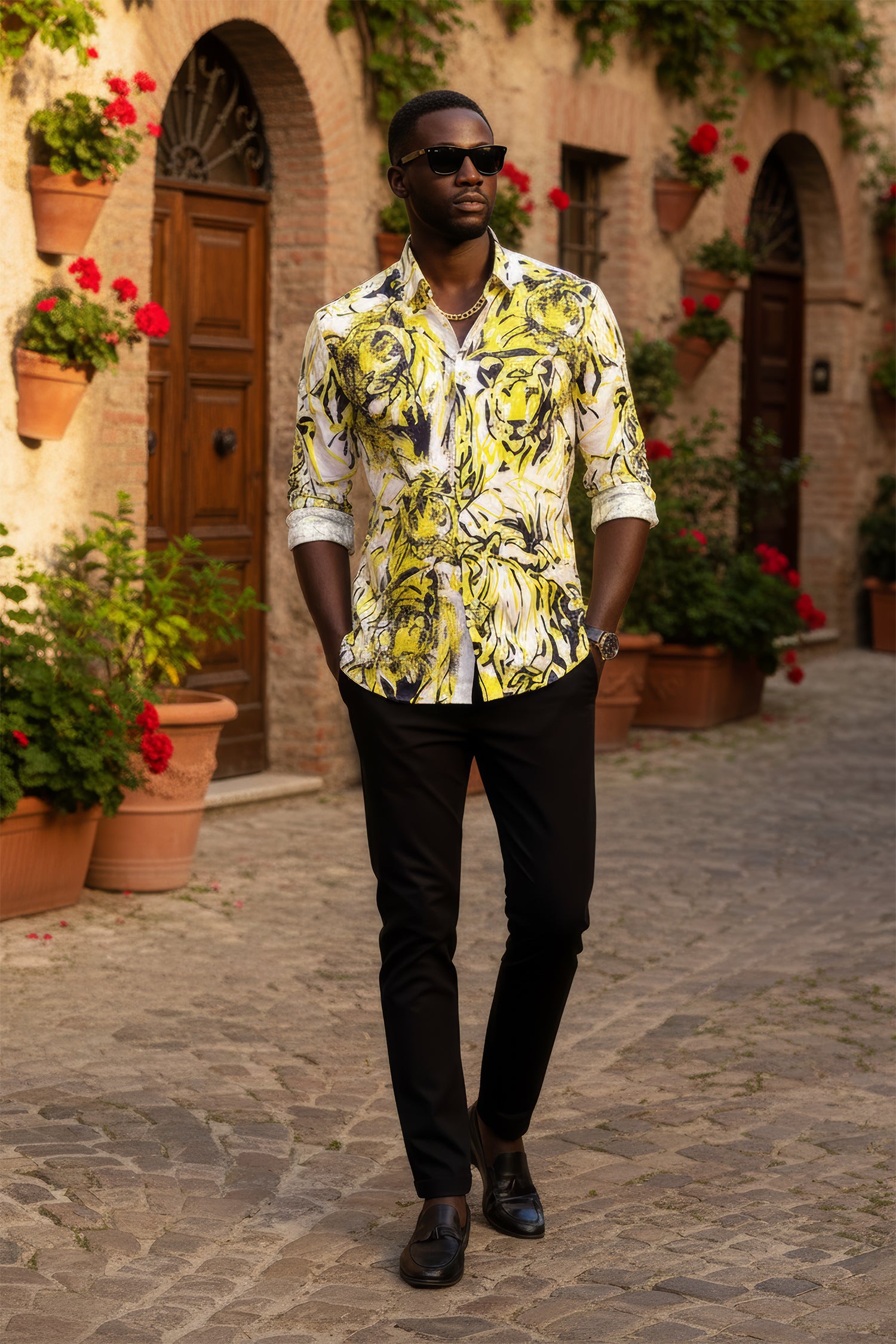 Barabas Men's Lion Printed Rhinestone Luxury Button Down Shirt SPR18 white yellow