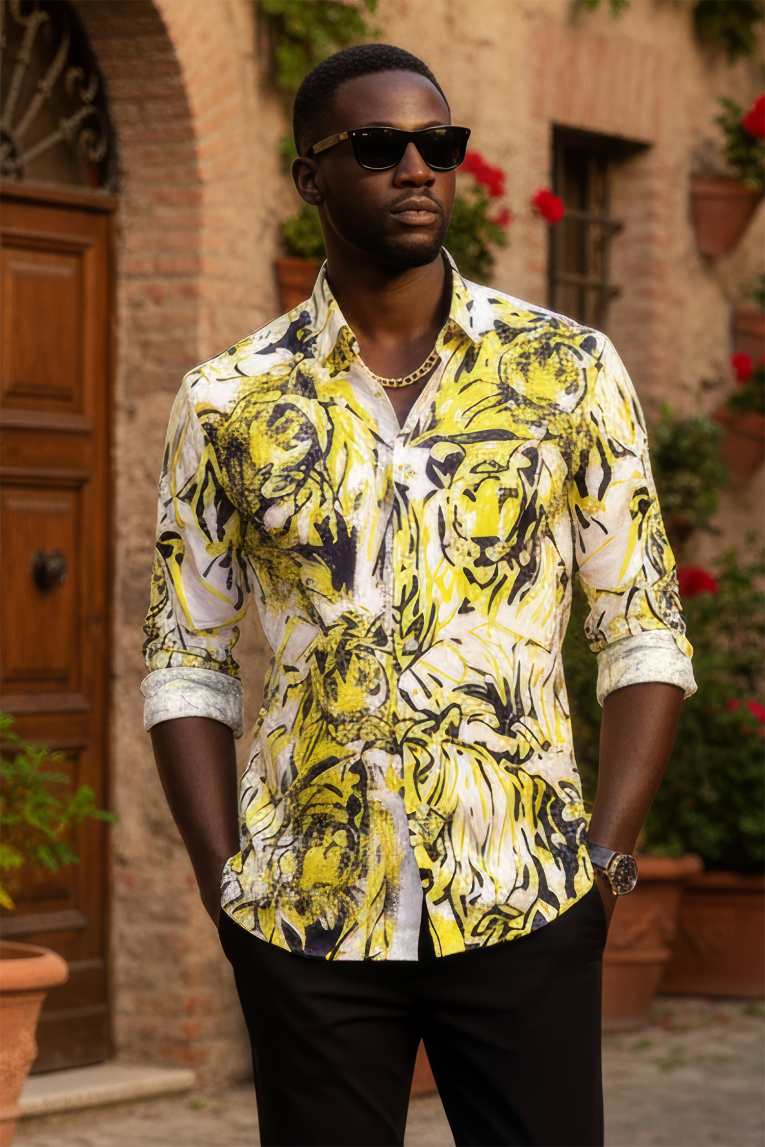 Barabas Men's Lion Printed Rhinestone Luxury Button Down Shirt SPR18 white yellow