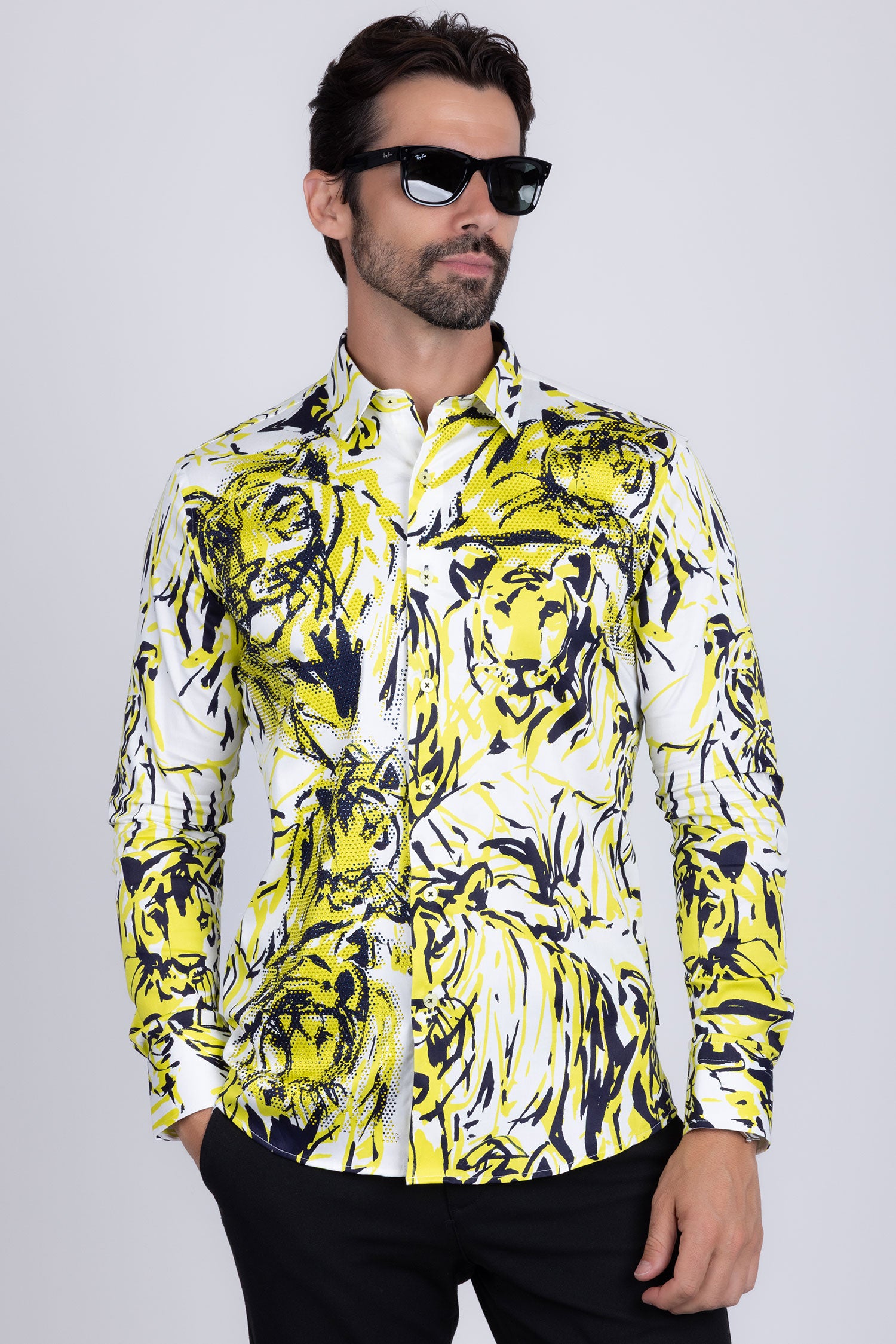 Barabas Men's Lion Printed Rhinestone Luxury Button Down Shirt SPR18 white yellow
