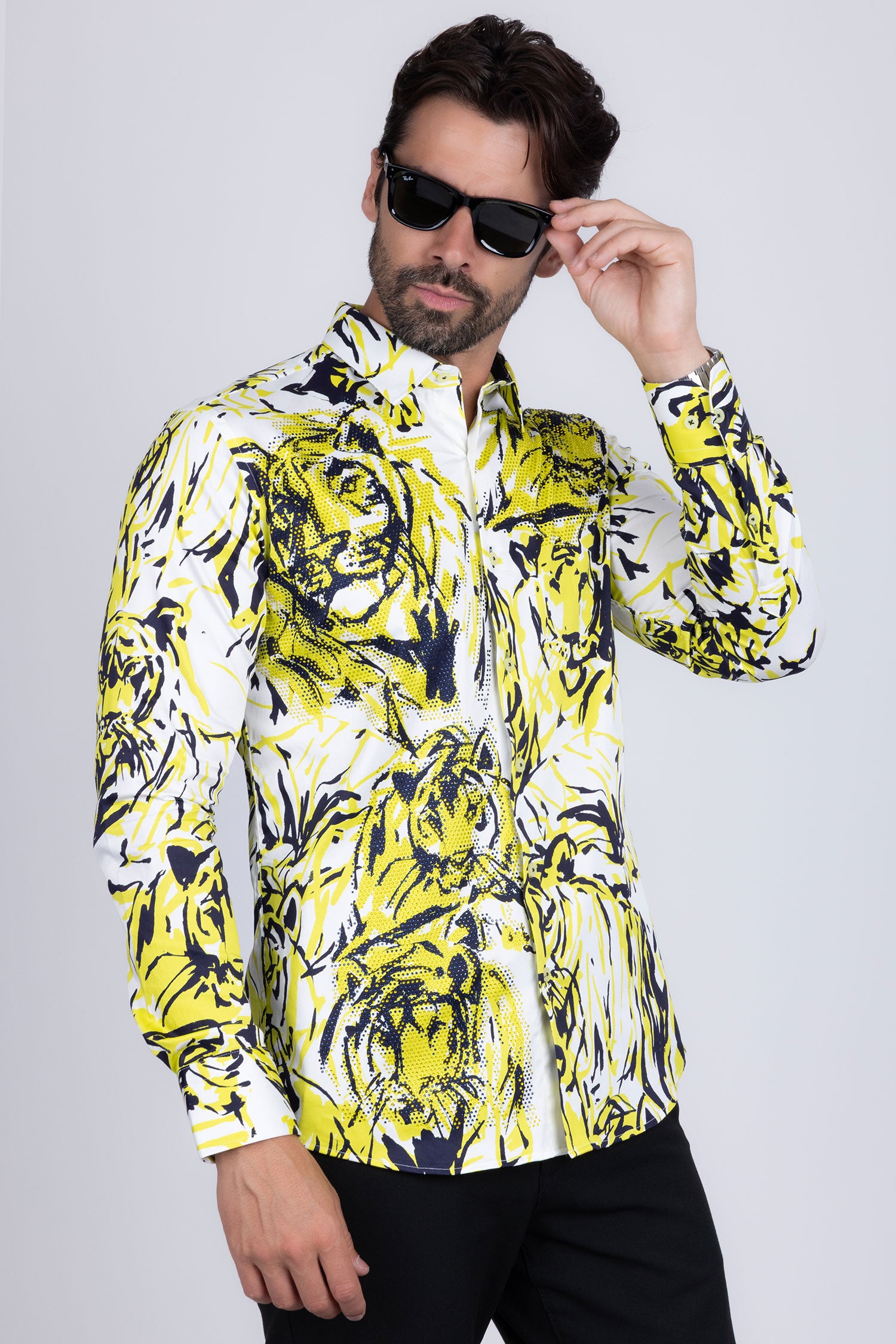 Barabas Men's Lion Printed Rhinestone Luxury Button Down Shirt SPR18 white yellow