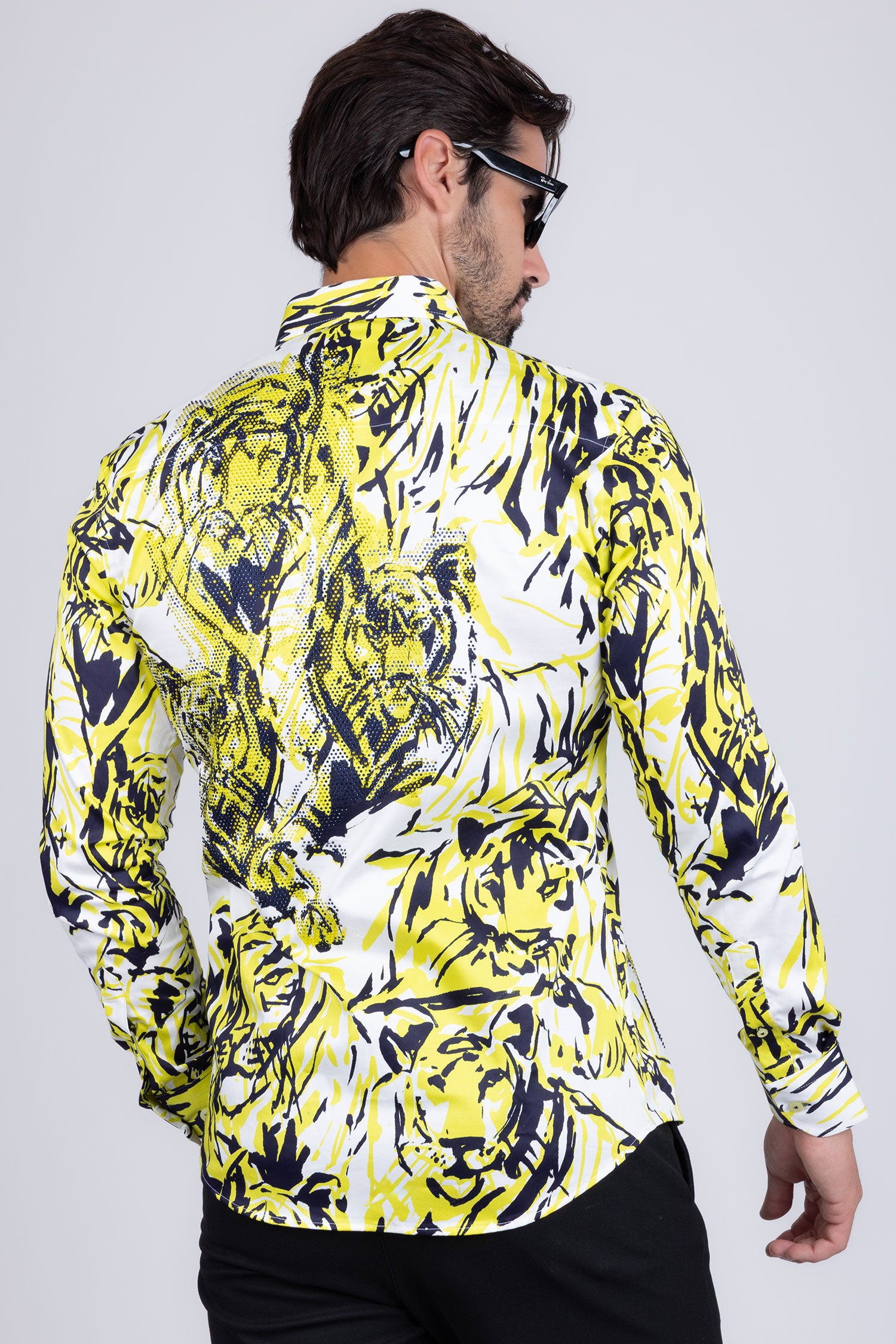 Barabas Men's Lion Printed Rhinestone Luxury Button Down Shirt SPR18 white yellow