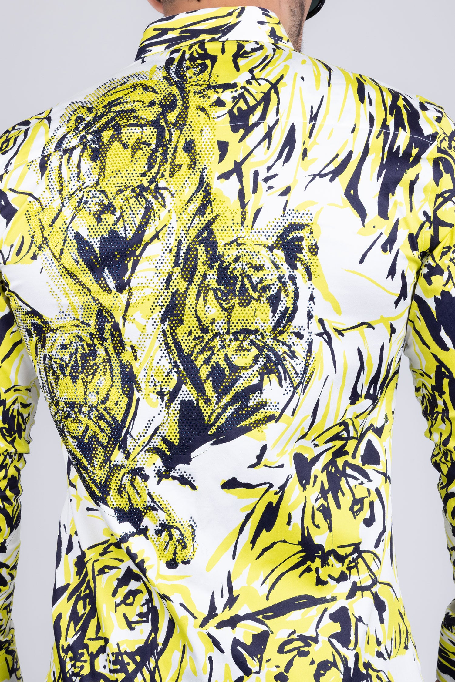Barabas Men's Lion Printed Rhinestone Luxury Button Down Shirt SPR18 white yellow