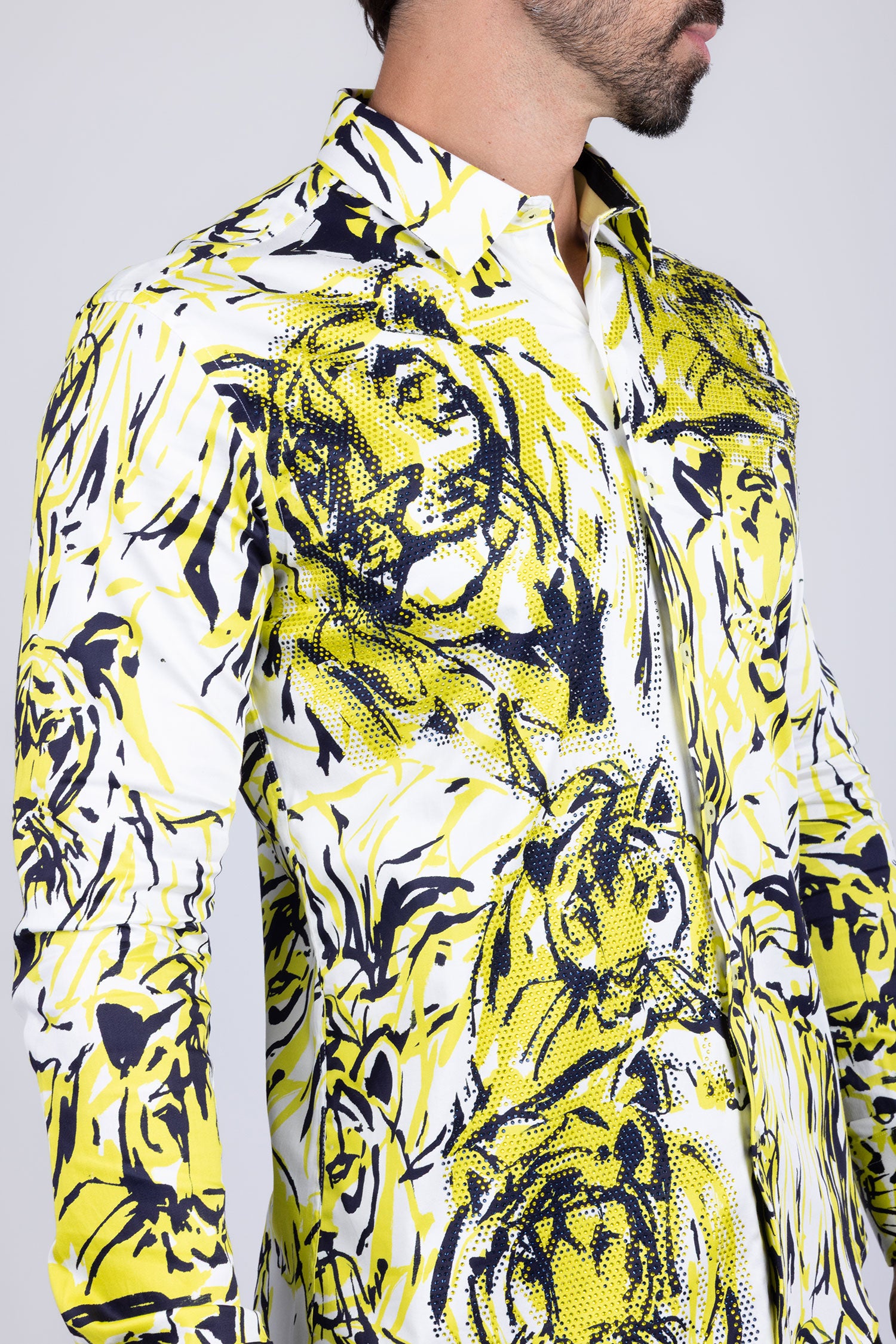 Barabas Men's Lion Printed Rhinestone Luxury Button Down Shirt SPR18 white yellow