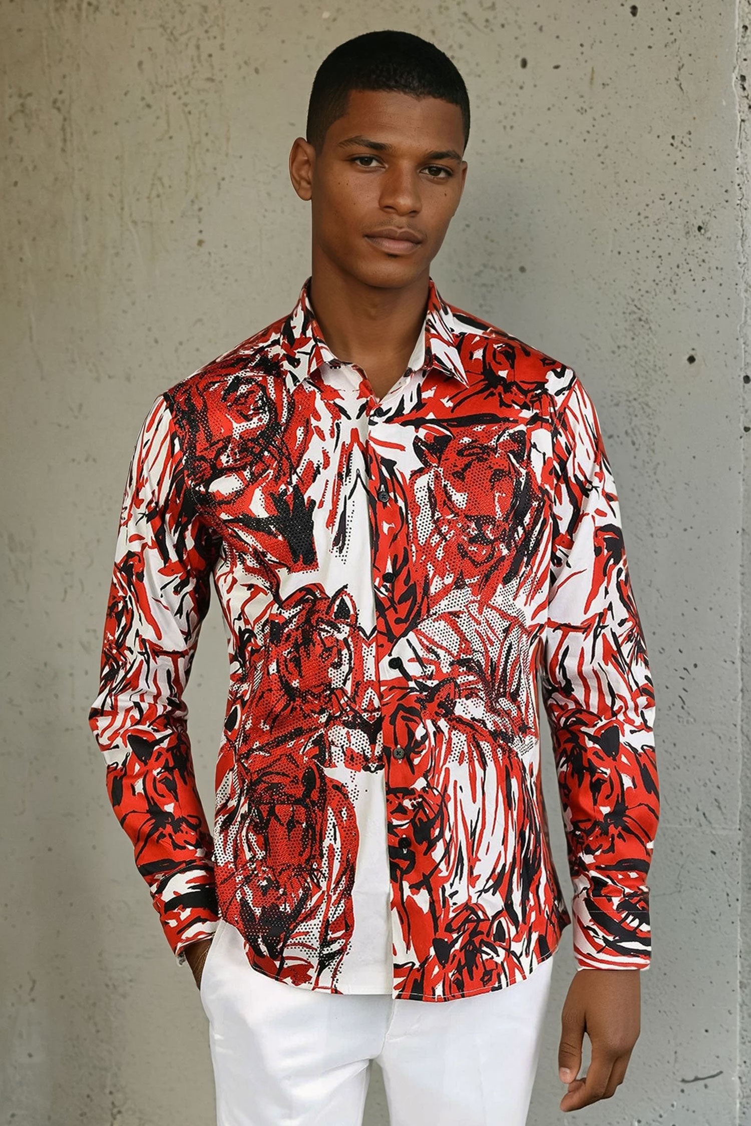 Barabas Men's Tiger Printed Rhinestone Luxury Button Down Shirt SPR18 red