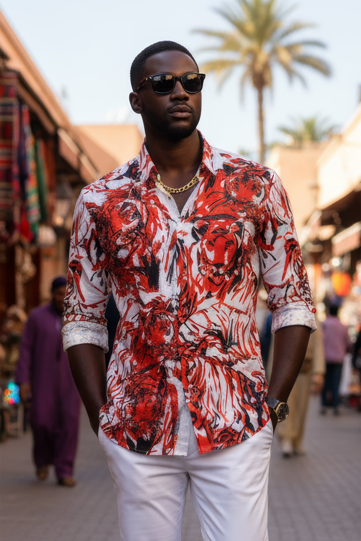 Barabas Men's Tiger Printed Rhinestone Luxury Button Down Shirt SPR18 red
