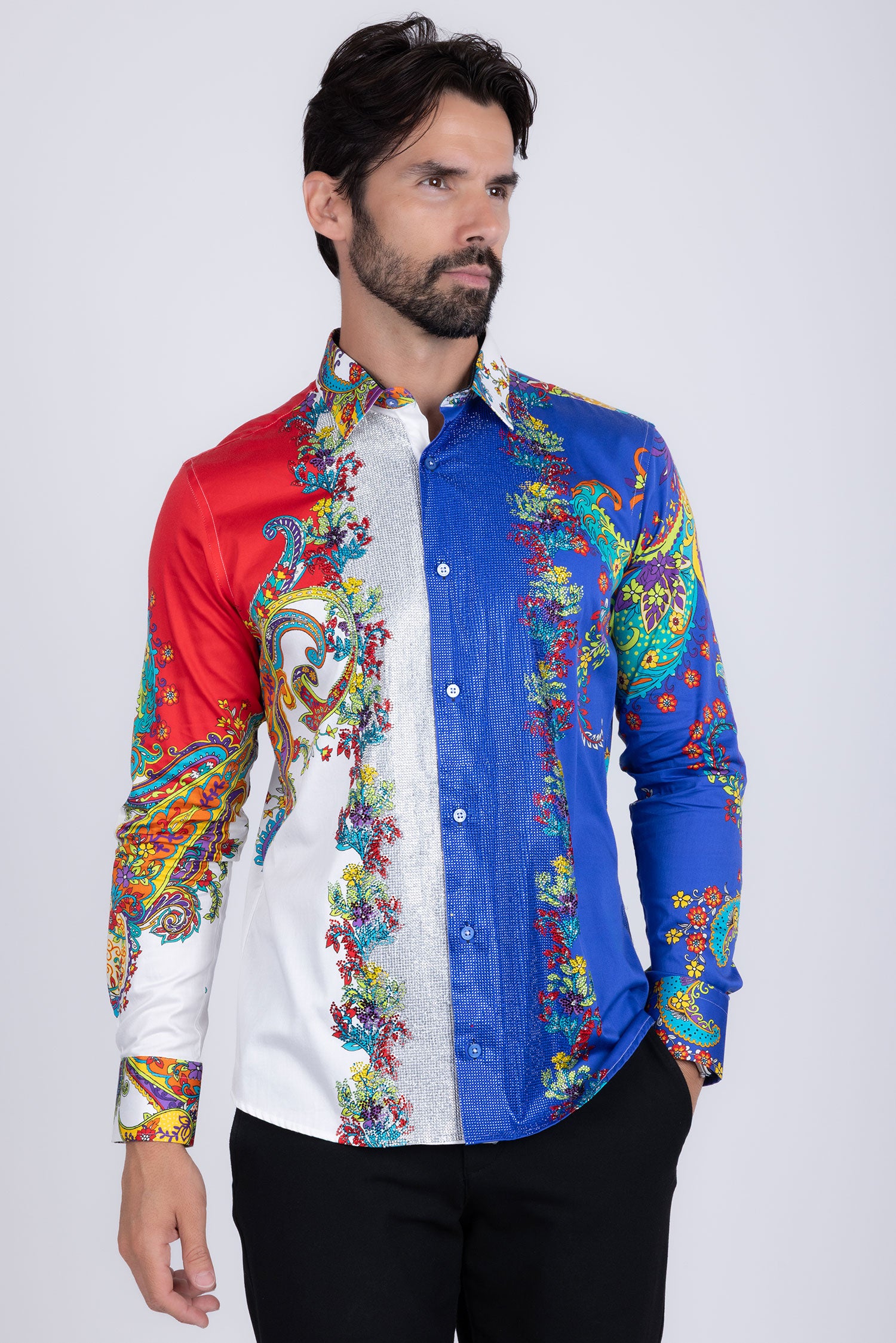 BARABAS Men's Floral Printed Rhinestone Long Sleeve Shirts SPR202