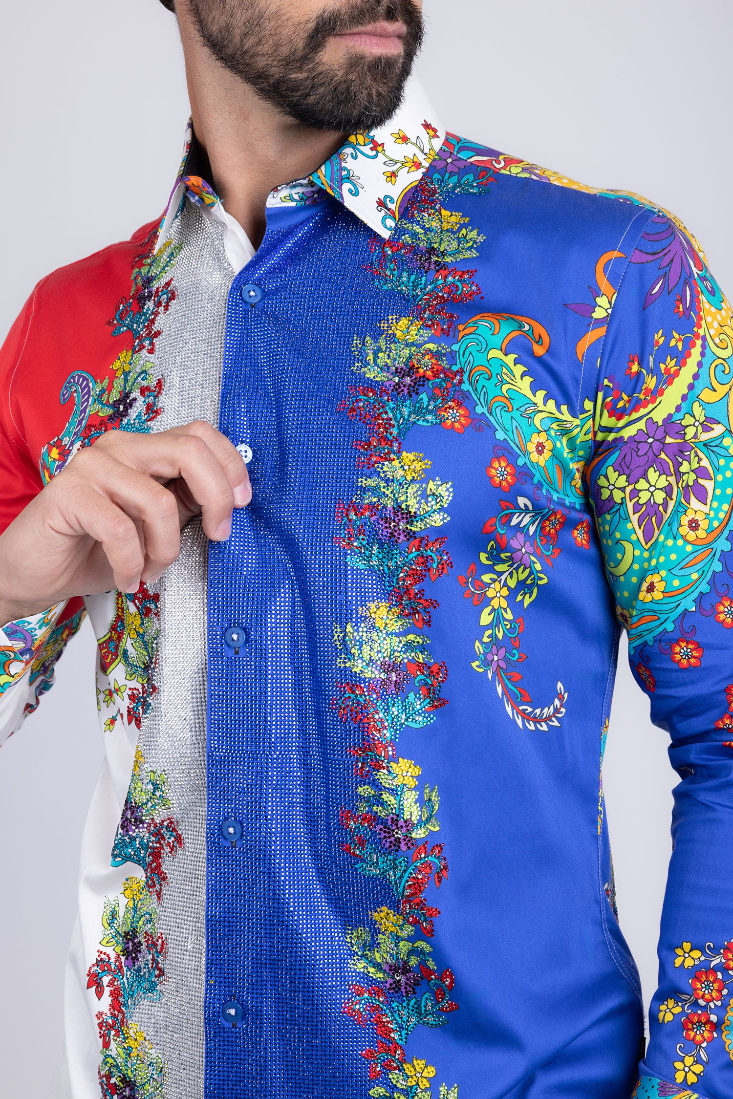 BARABAS Men's Floral Printed Rhinestone Long Sleeve Shirts SPR202