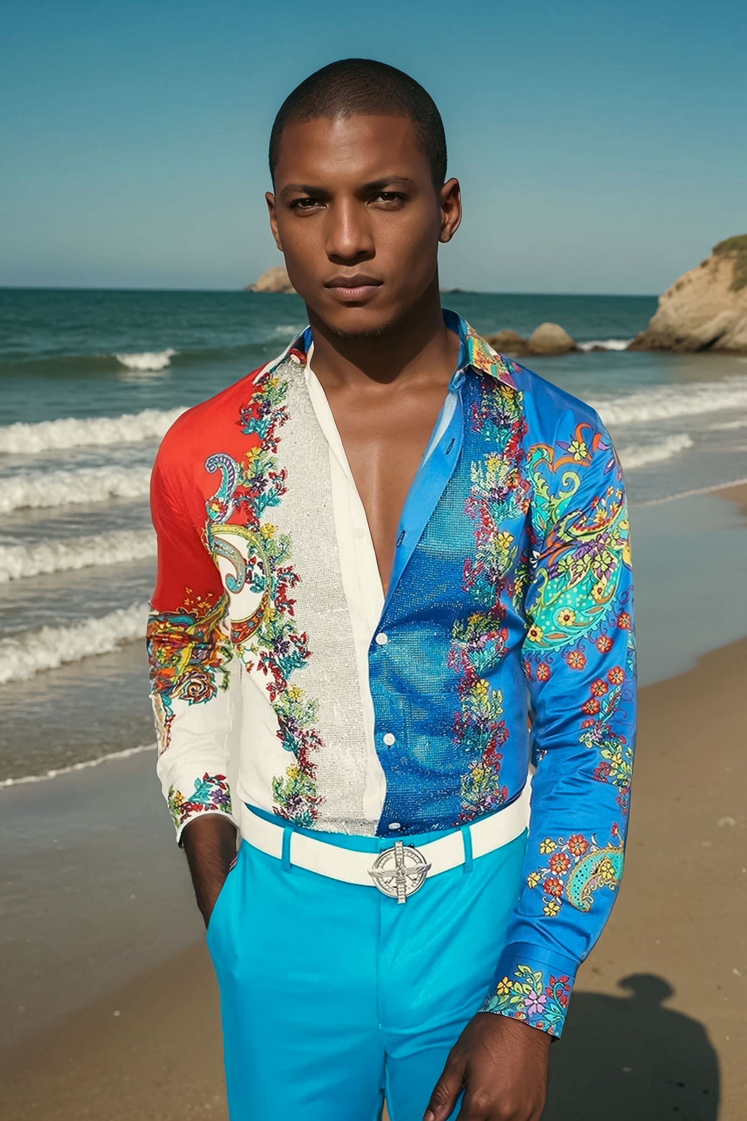 BARABAS Men's Floral Printed Rhinestone Long Sleeve Shirts SPR202