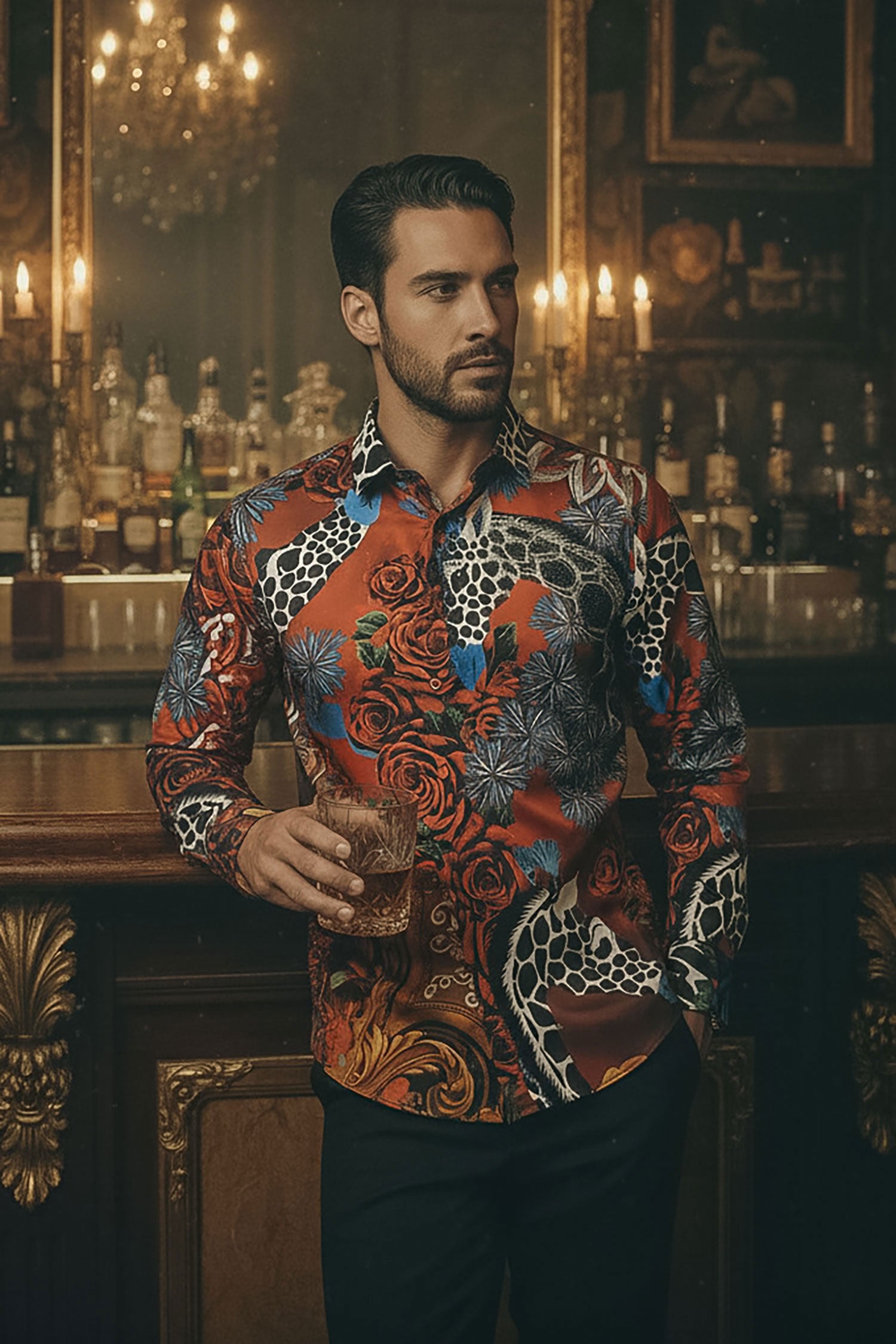 Barabas Men's Rhinestone Zebra Roses Prints Long Sleeve Shirt SPR217 Multi