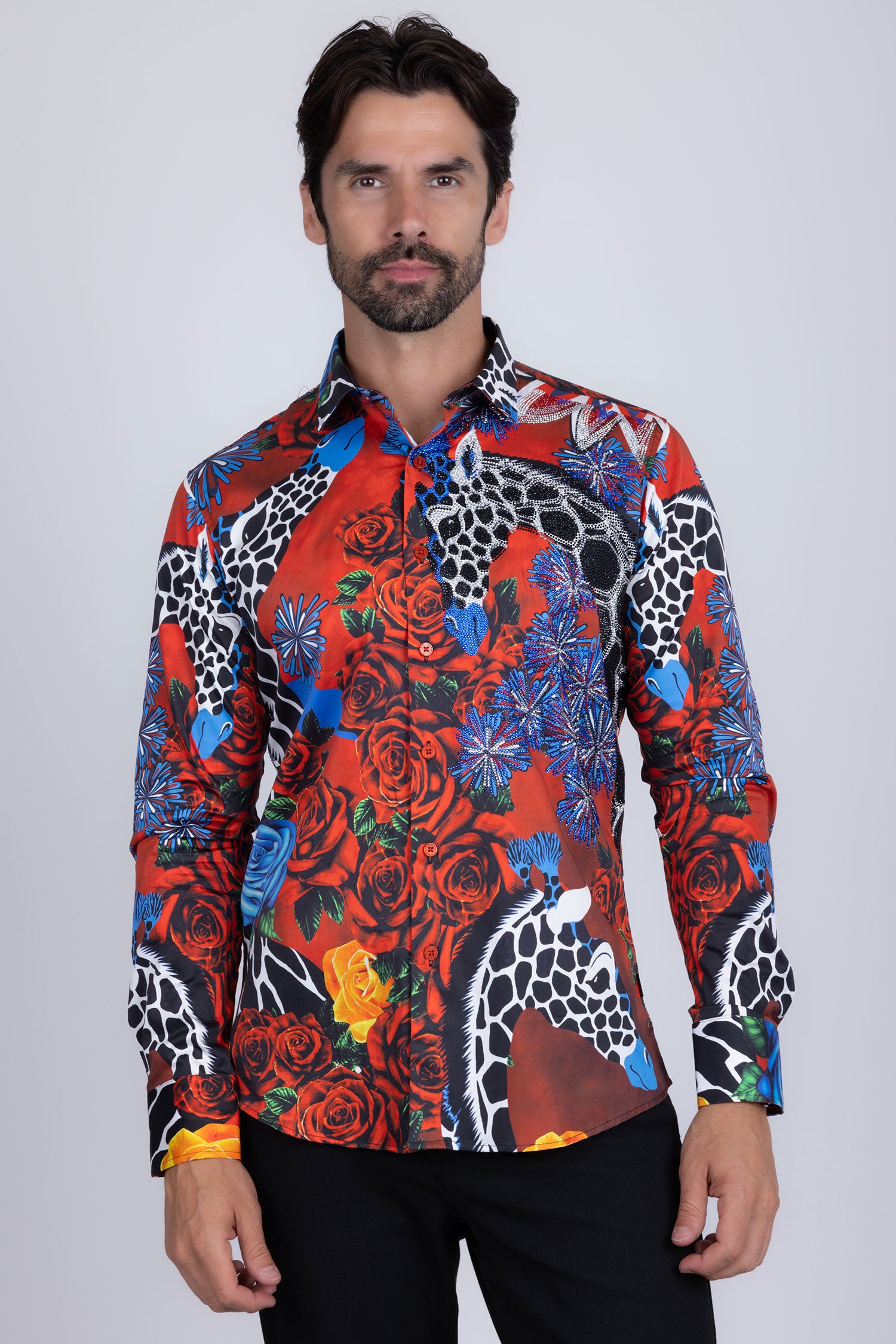 Barabas Men's Rhinestone Zebra Roses Prints Long Sleeve Shirt SPR217 Red