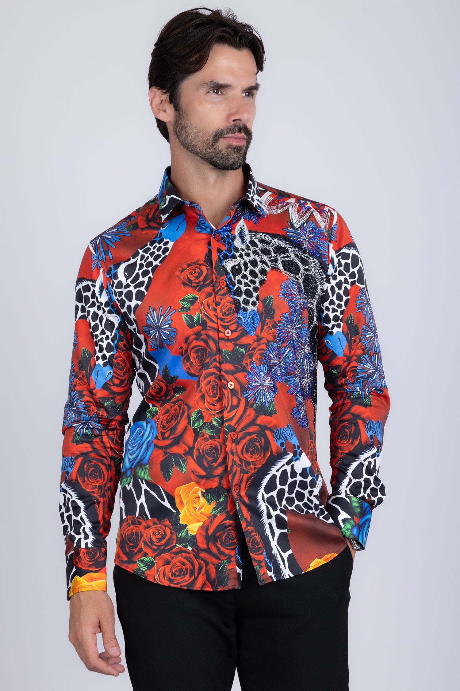 Barabas Men's Rhinestone Zebra Roses Prints Long Sleeve Shirt SPR217 Red