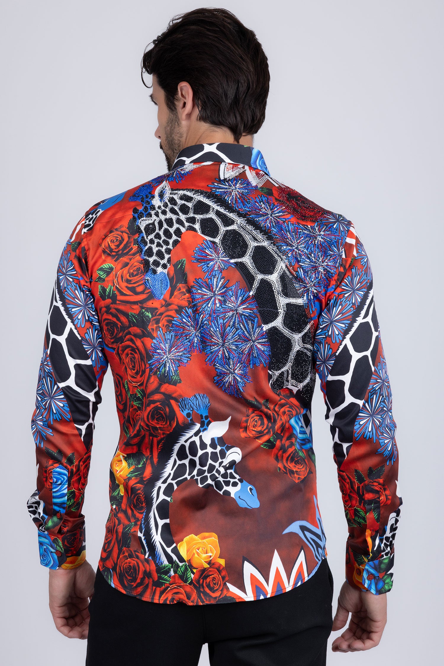 Barabas Men's Rhinestone Zebra Roses Prints Long Sleeve Shirt SPR217 Multi Colored