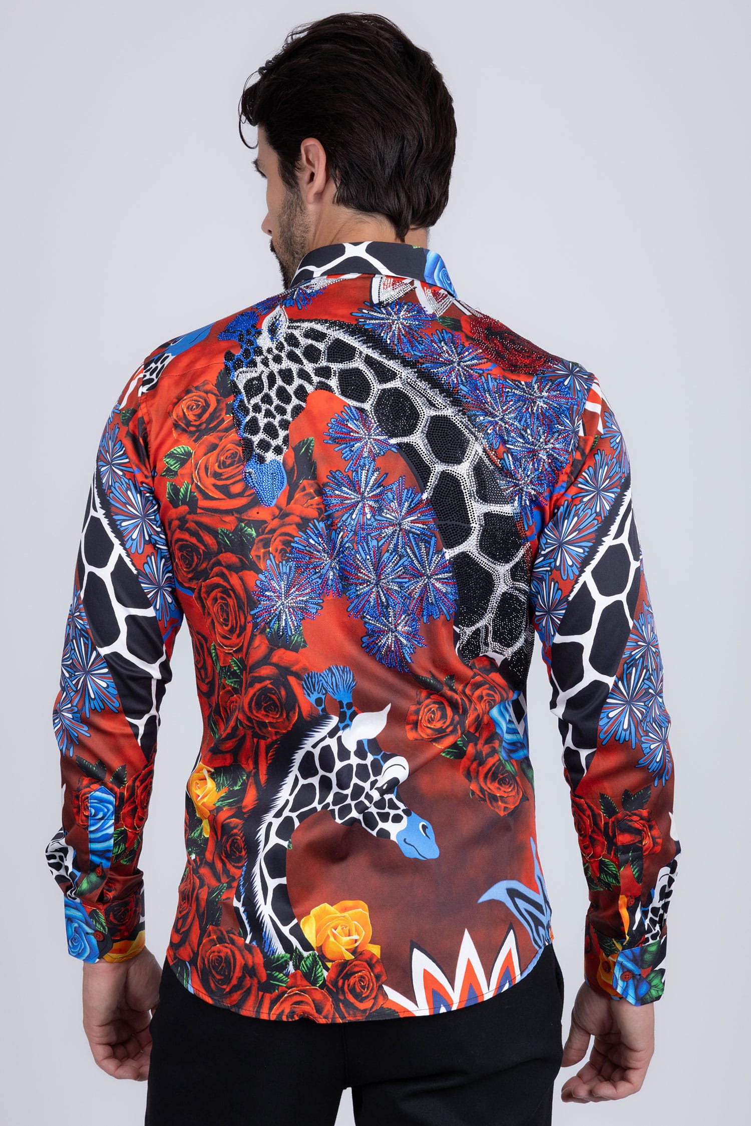 Barabas Men's Rhinestone Zebra Roses Prints Long Sleeve Shirt SPR217 Multi Colored