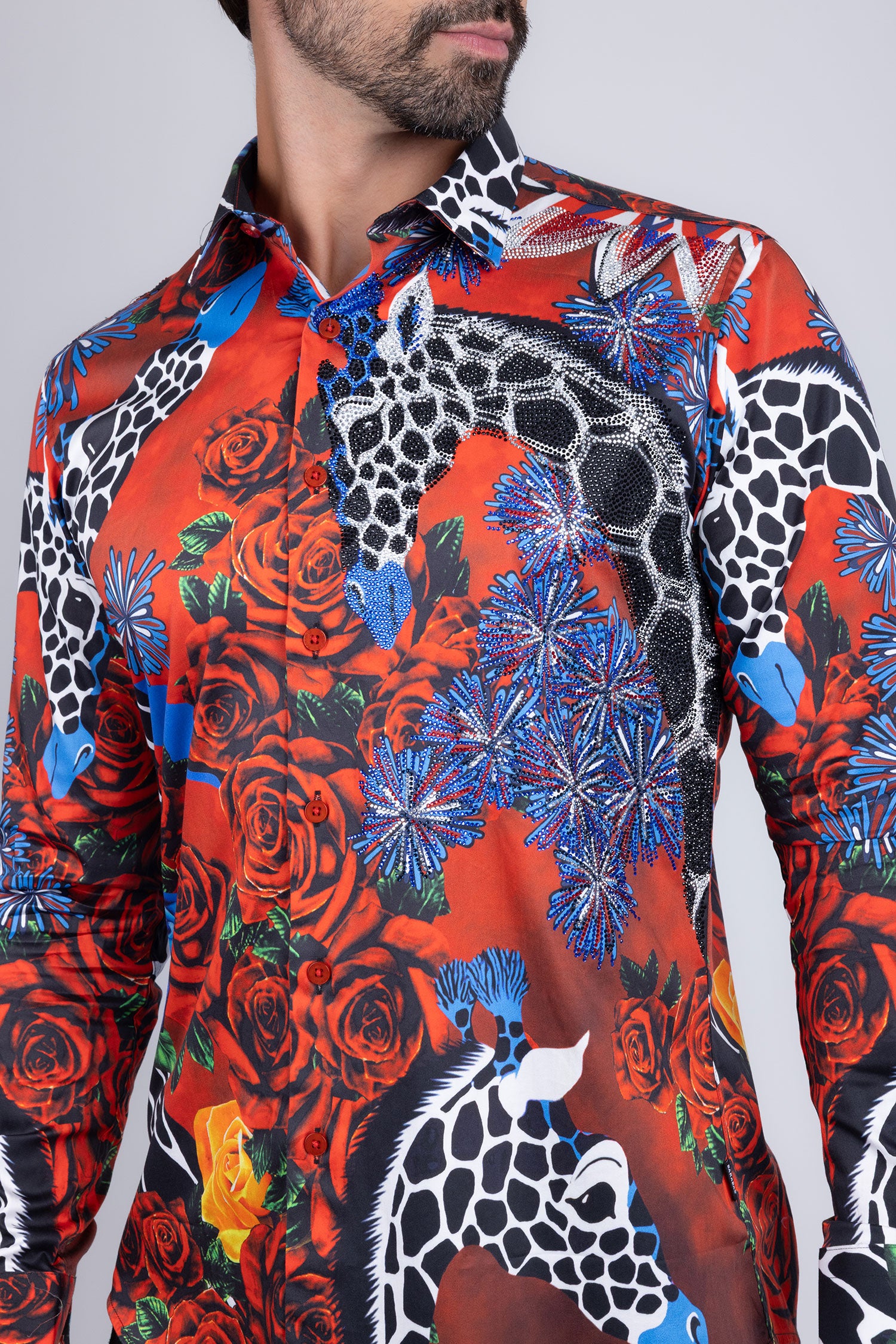Barabas Men's Rhinestone Zebra Roses Prints Long Sleeve Shirt SPR217 Red